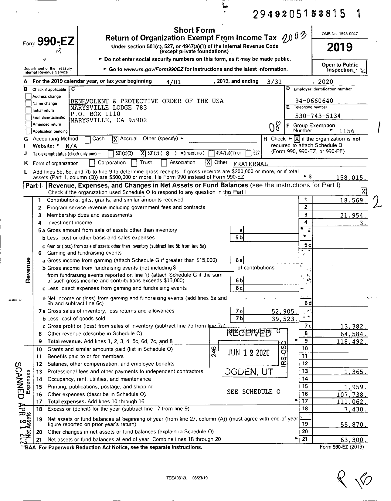 Image of first page of 2019 Form 990EO for Benevolent and Protective Order of Elks - 783 Marysville Lodge