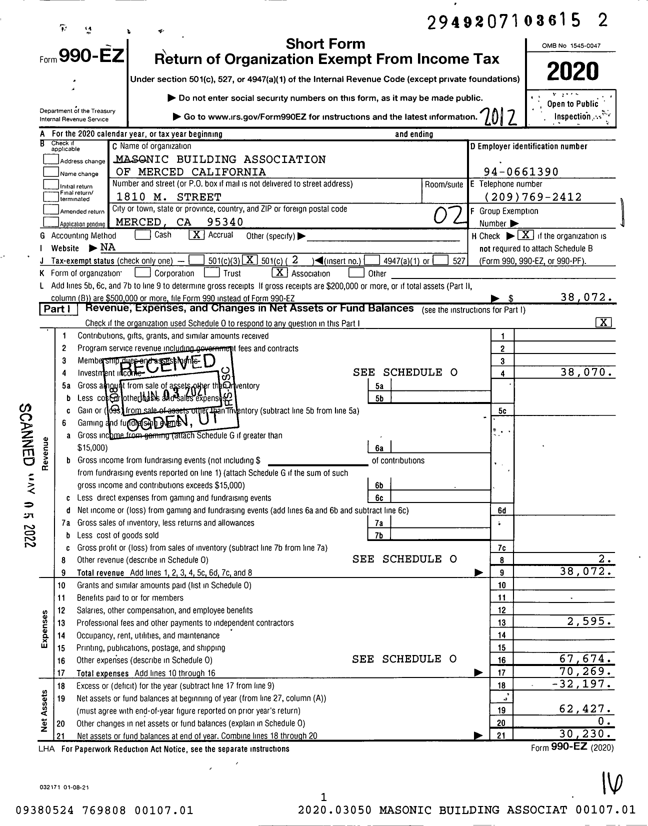 Image of first page of 2020 Form 990EO for The Masonic Building Association of Merced California