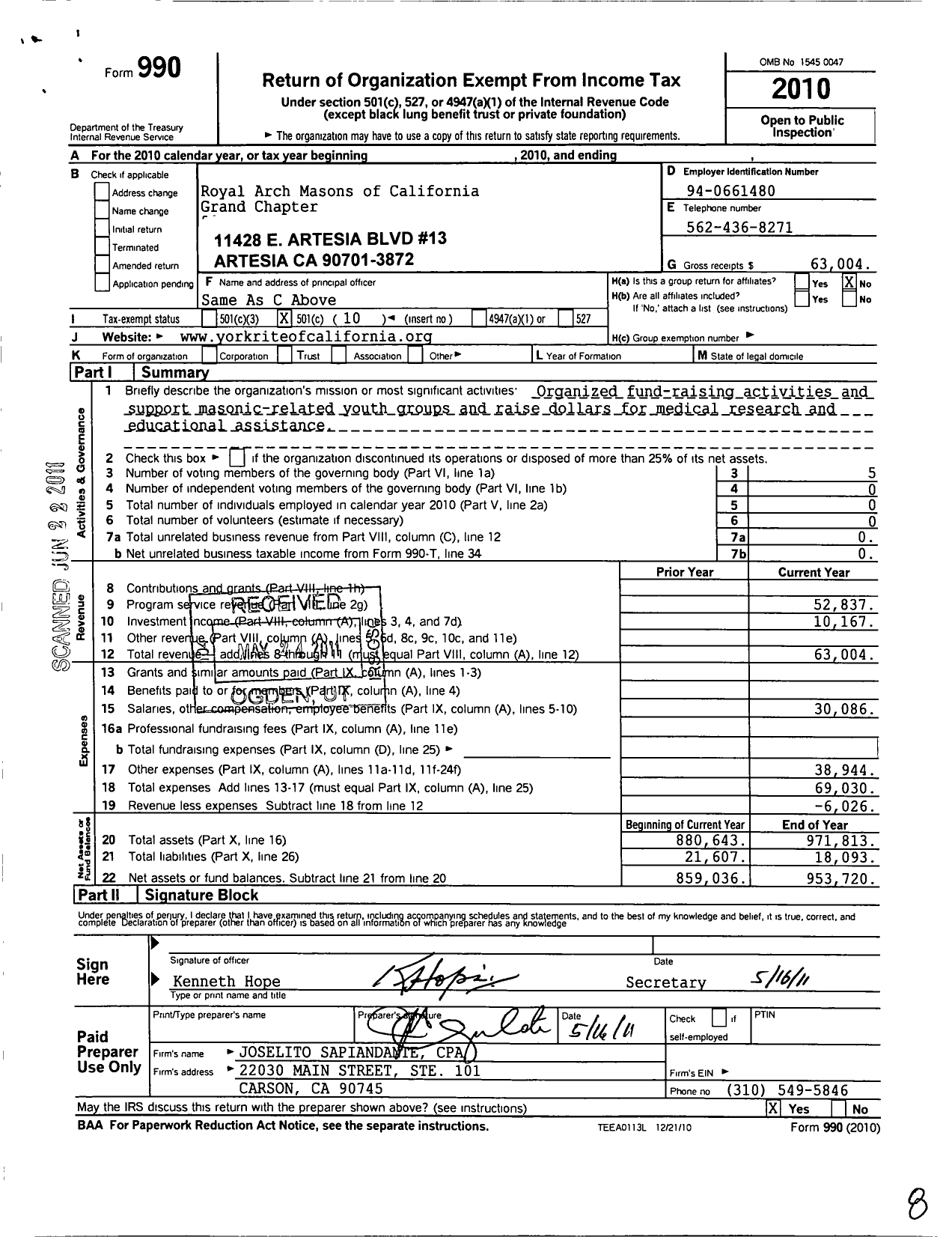 Image of first page of 2010 Form 990O for Royal Arch Masons of California Grand Chapter