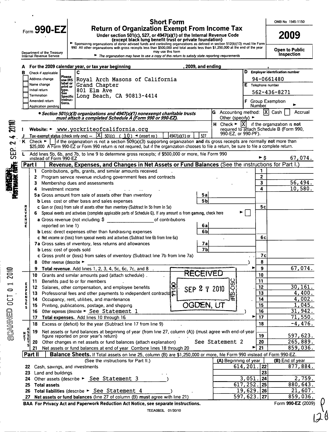 Image of first page of 2009 Form 990EO for Royal Arch Masons of California Grand Chapter