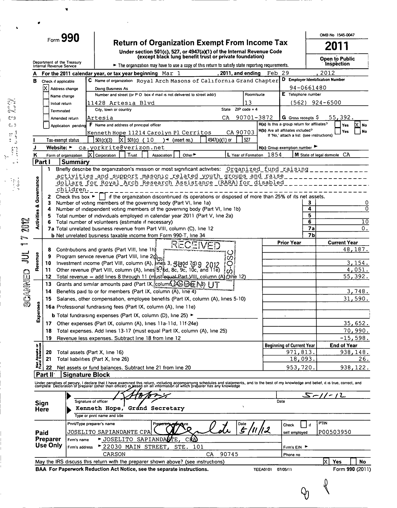 Image of first page of 2011 Form 990O for Royal Arch Masons of California Grand Chapter