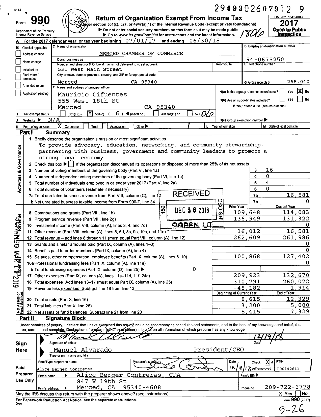 Image of first page of 2017 Form 990O for Merced Chamber of Commerce