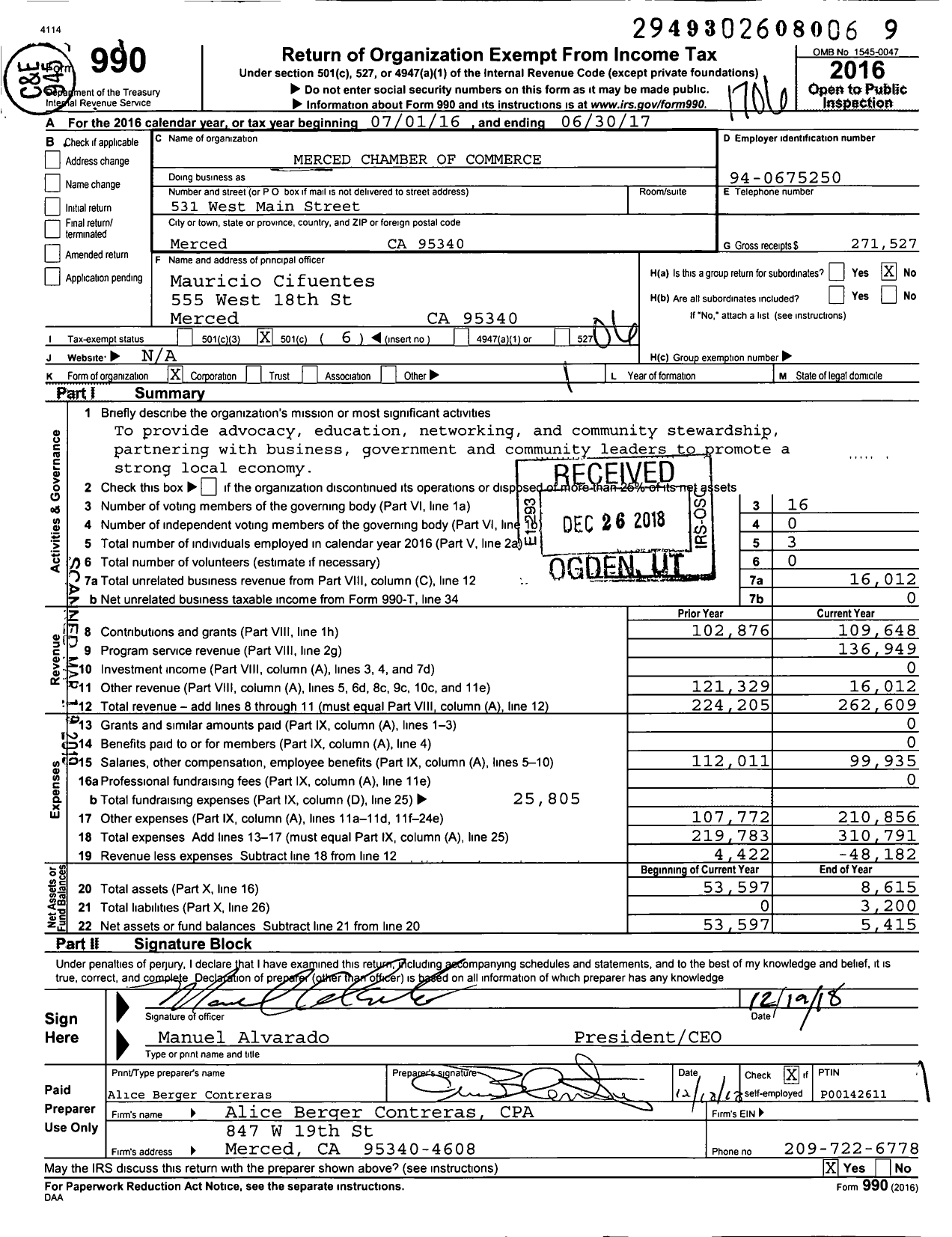 Image of first page of 2016 Form 990O for Merced Chamber of Commerce