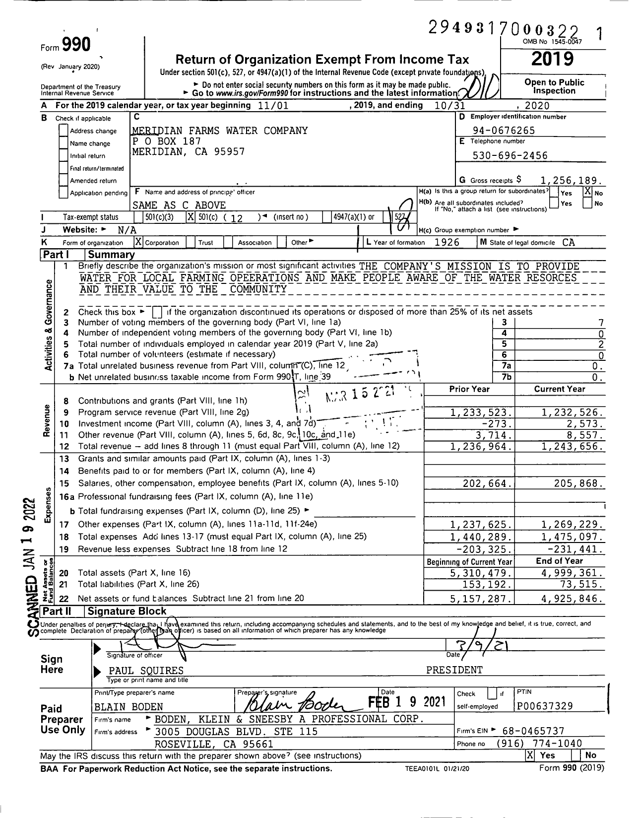 Image of first page of 2019 Form 990O for Meridian Farms Water Company