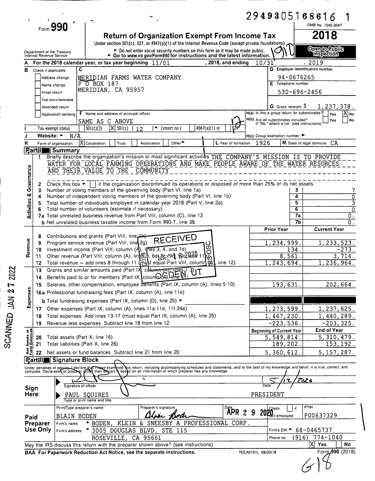 Image of first page of 2018 Form 990O for Meridian Farms Water Company