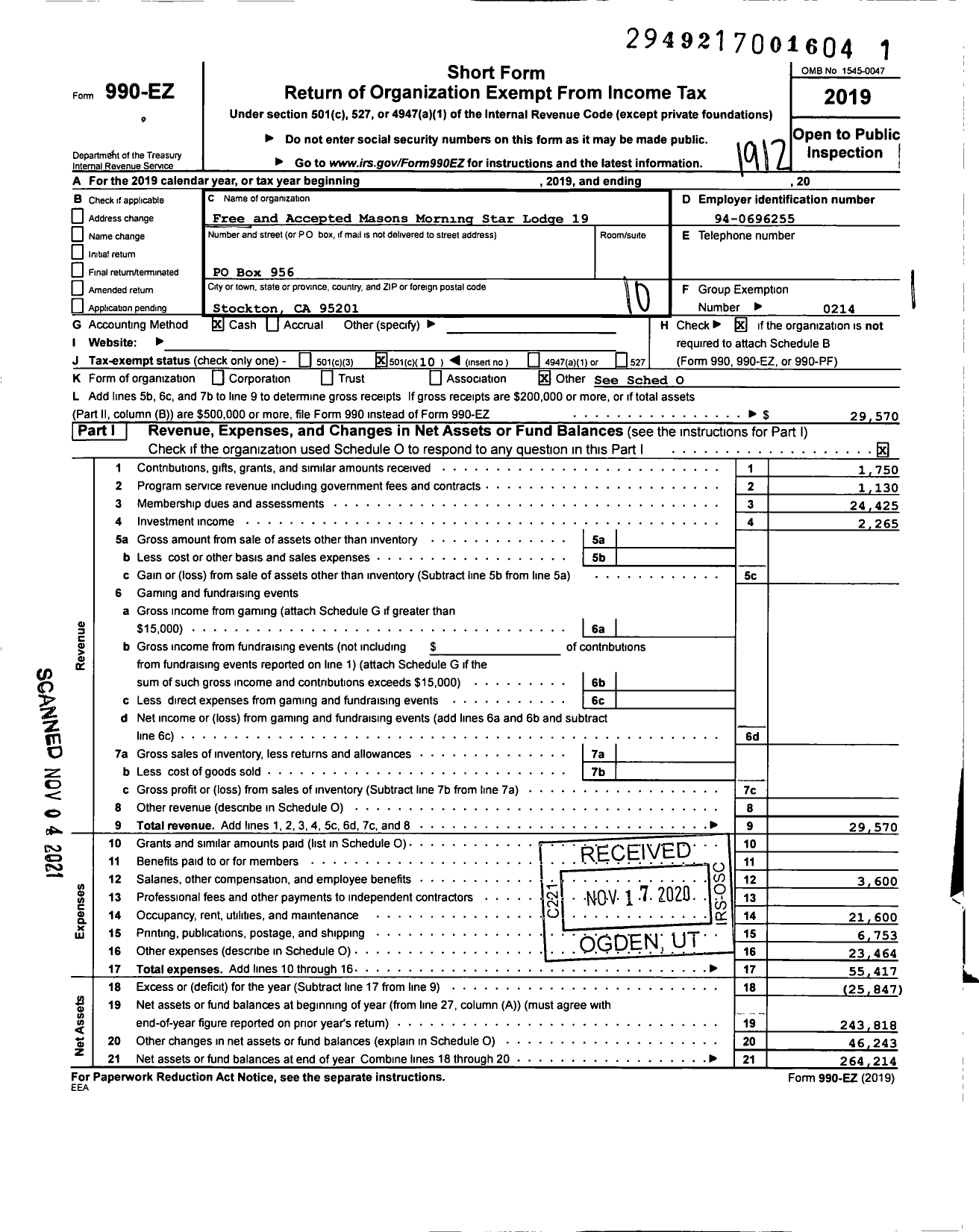 Image of first page of 2019 Form 990EO for Masons of California - Morning Star Lodge No 19