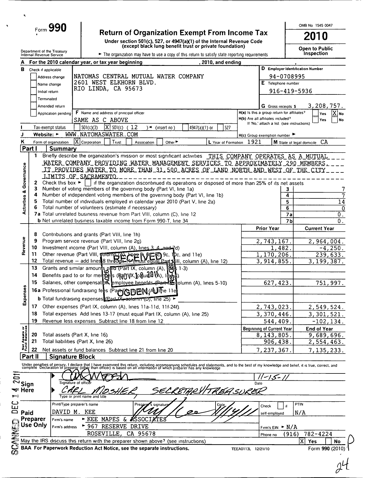 Image of first page of 2010 Form 990O for Natomas Central Mutual Water Company