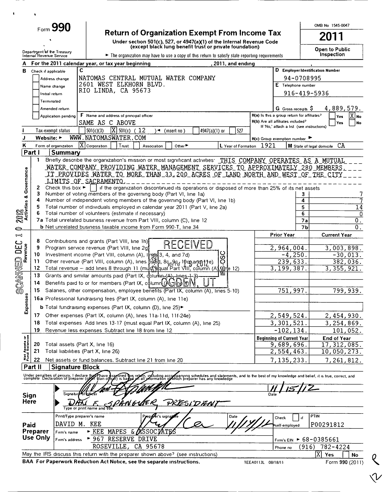 Image of first page of 2011 Form 990O for Natomas Central Mutual Water Company