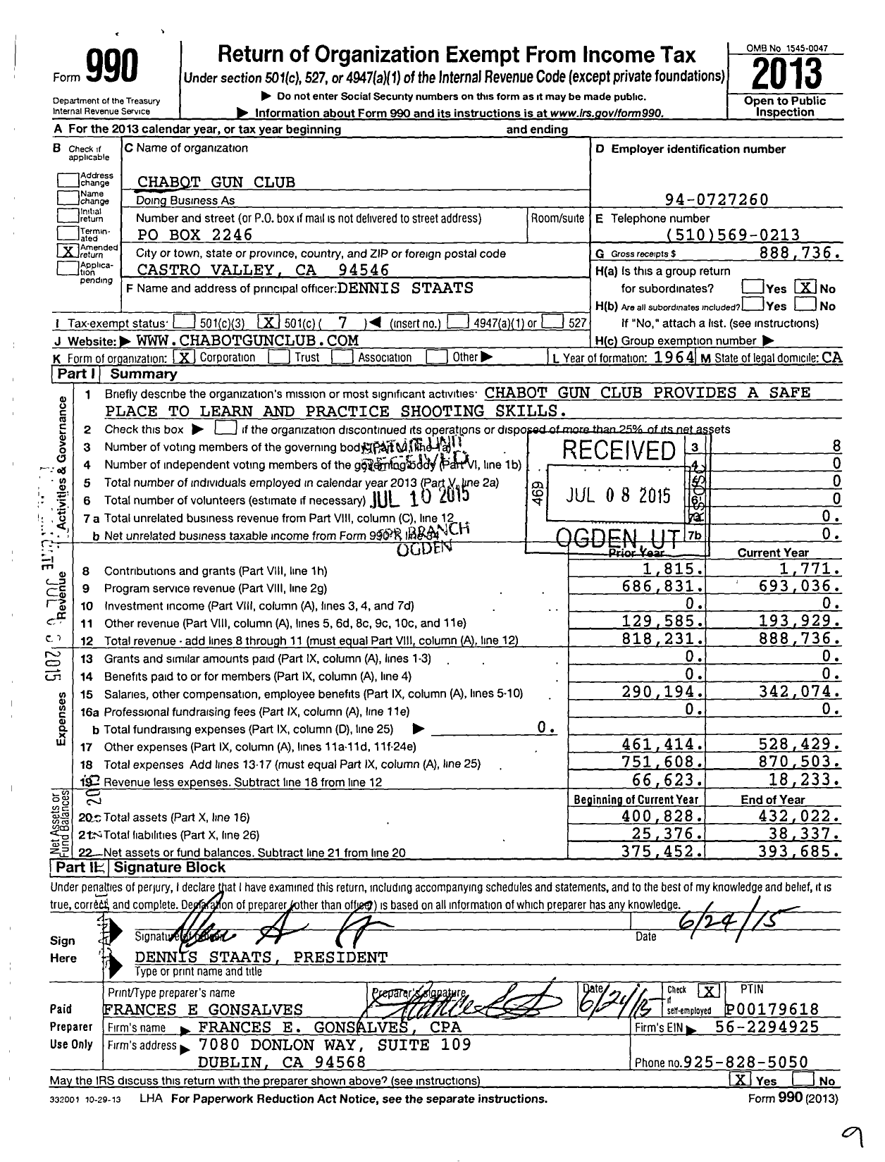 Image of first page of 2013 Form 990O for Chabot Gun Club