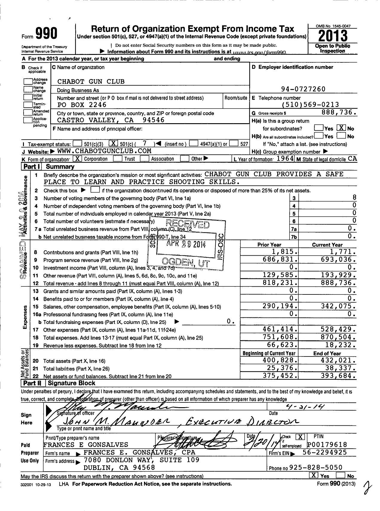 Image of first page of 2013 Form 990O for Chabot Gun Club