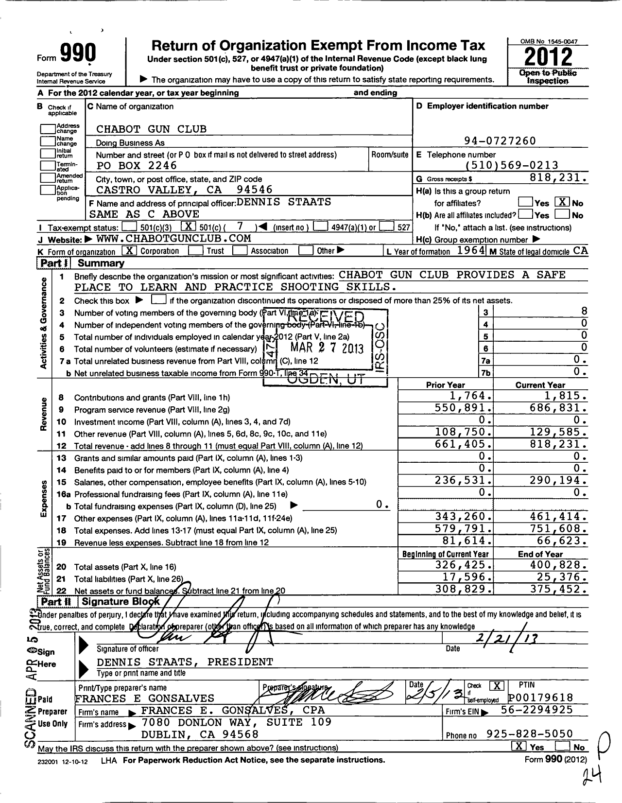 Image of first page of 2012 Form 990O for Chabot Gun Club