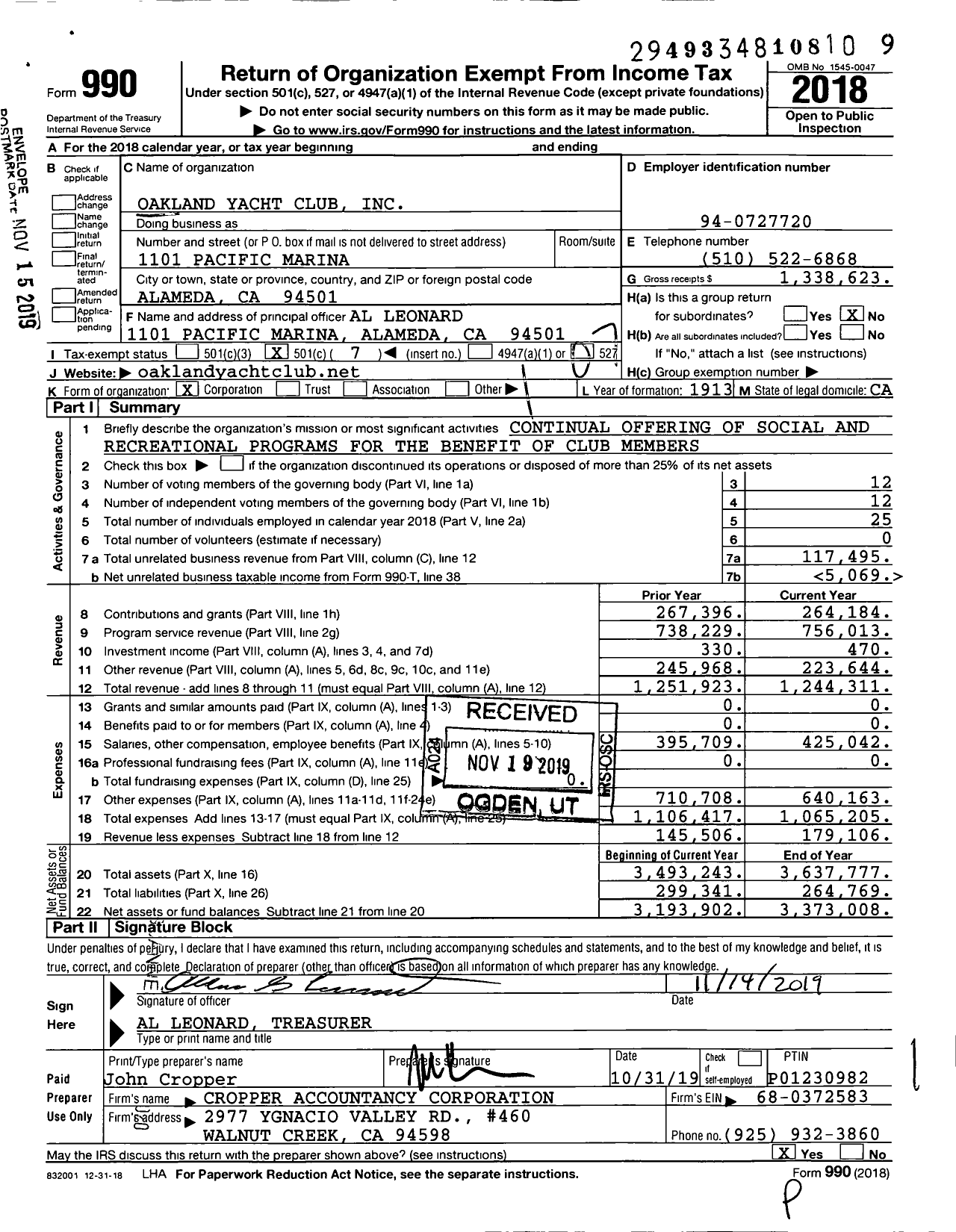 Image of first page of 2018 Form 990O for Oakland Yacht Club