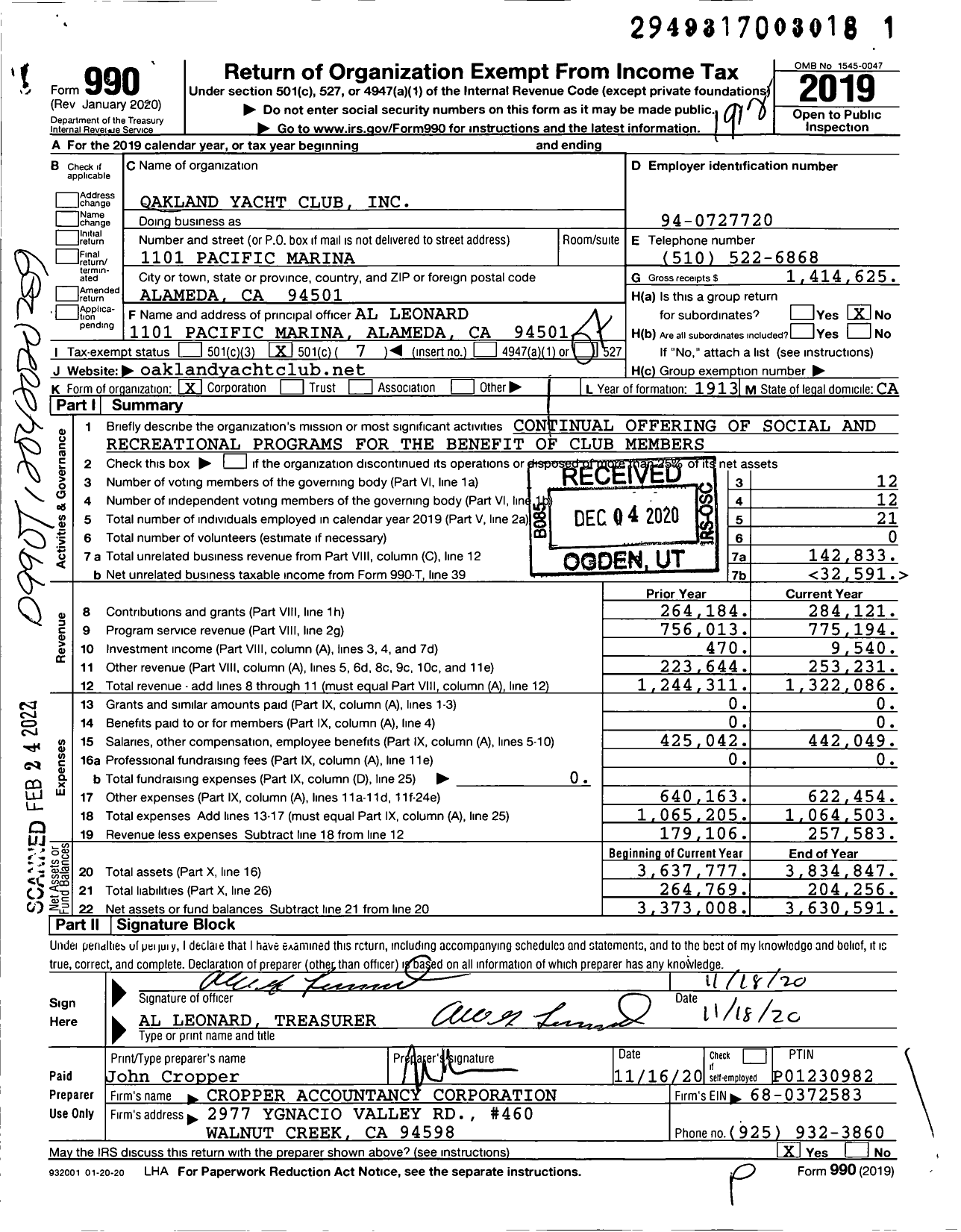 Image of first page of 2019 Form 990O for Oakland Yacht Club