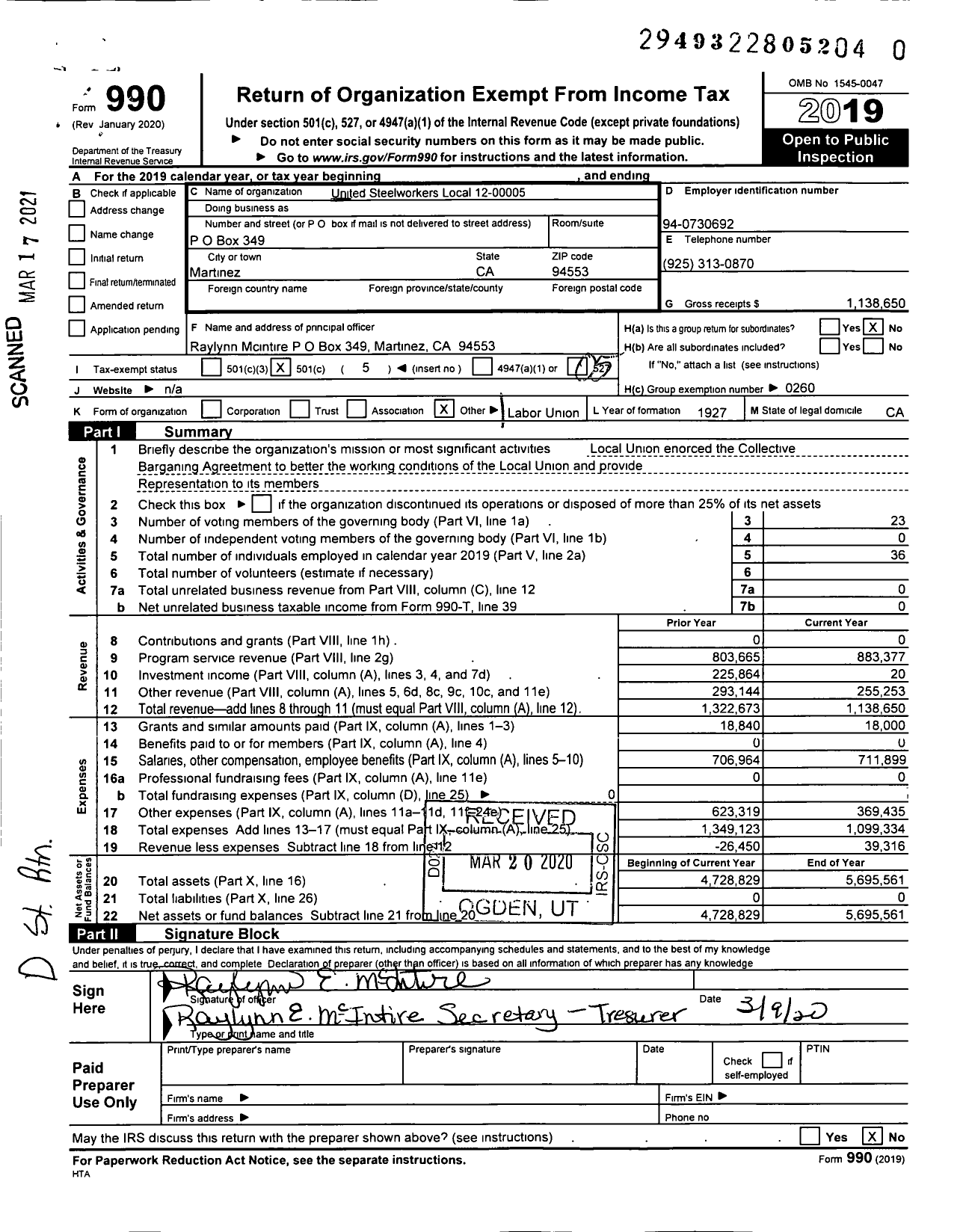 Image of first page of 2019 Form 990O for United Steelworkers Local 12-00005