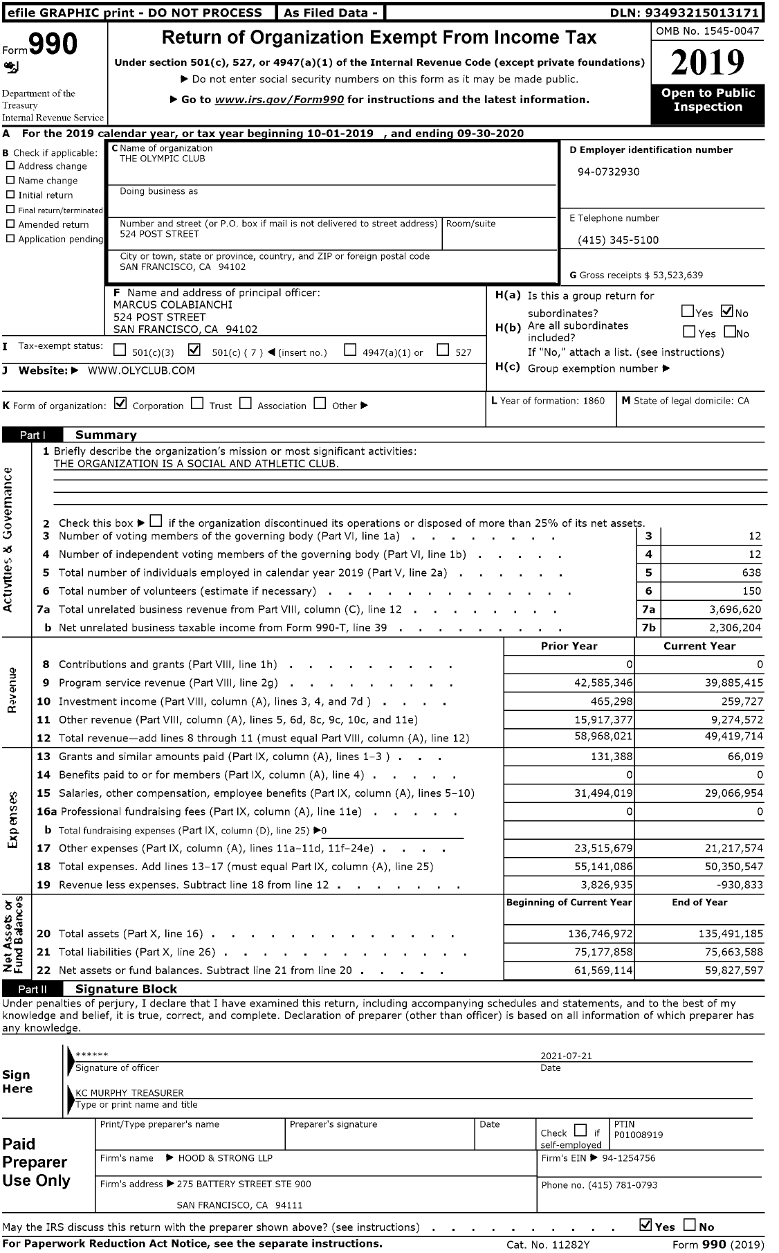 Image of first page of 2019 Form 990O for The Olympic Club