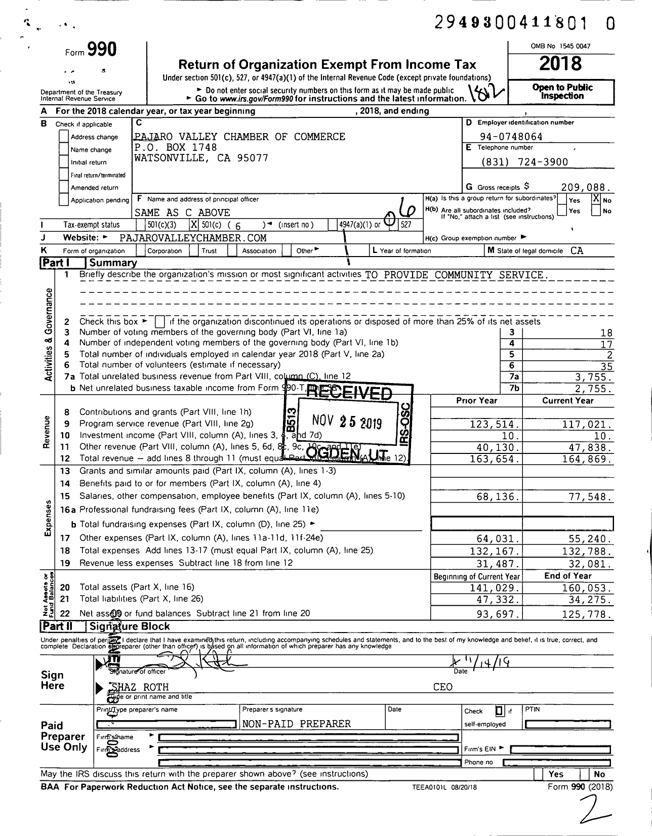 Image of first page of 2018 Form 990O for Pajaro Valley Chamber of Commerce