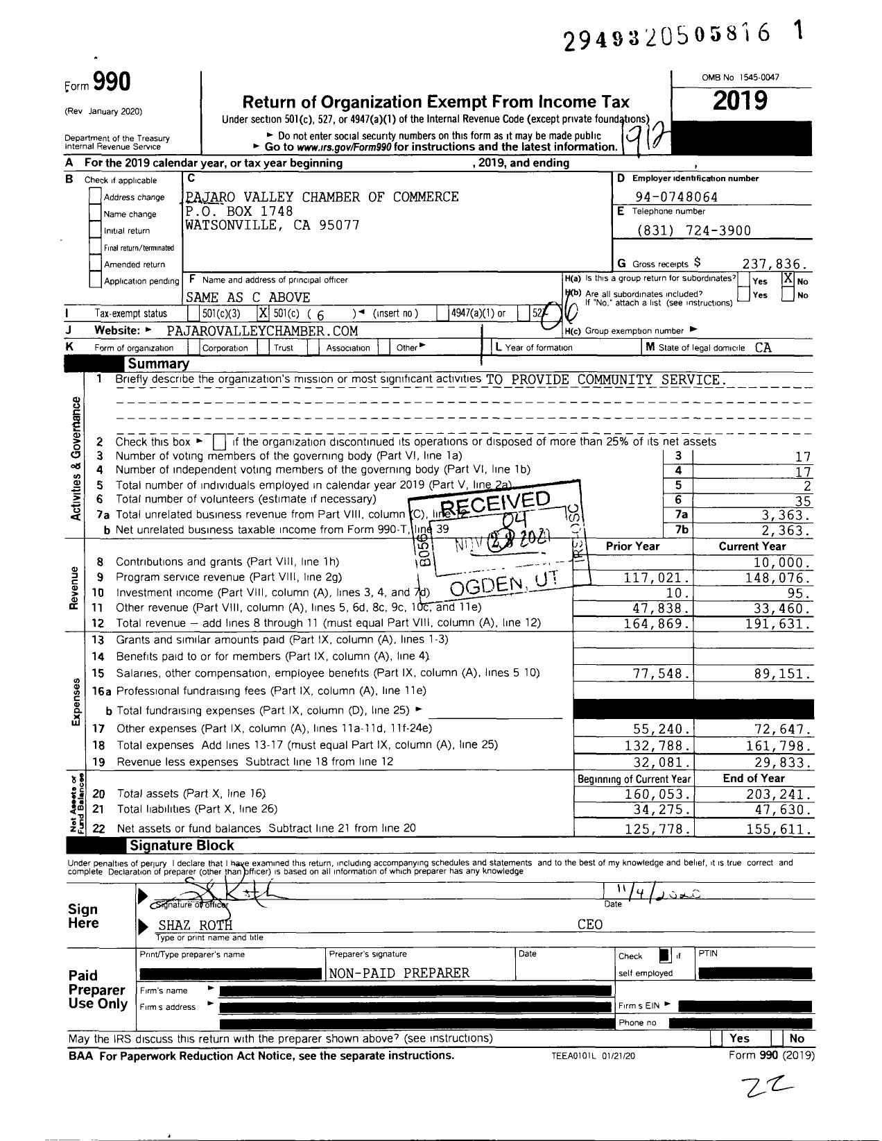 Image of first page of 2019 Form 990O for Pajaro Valley Chamber of Commerce