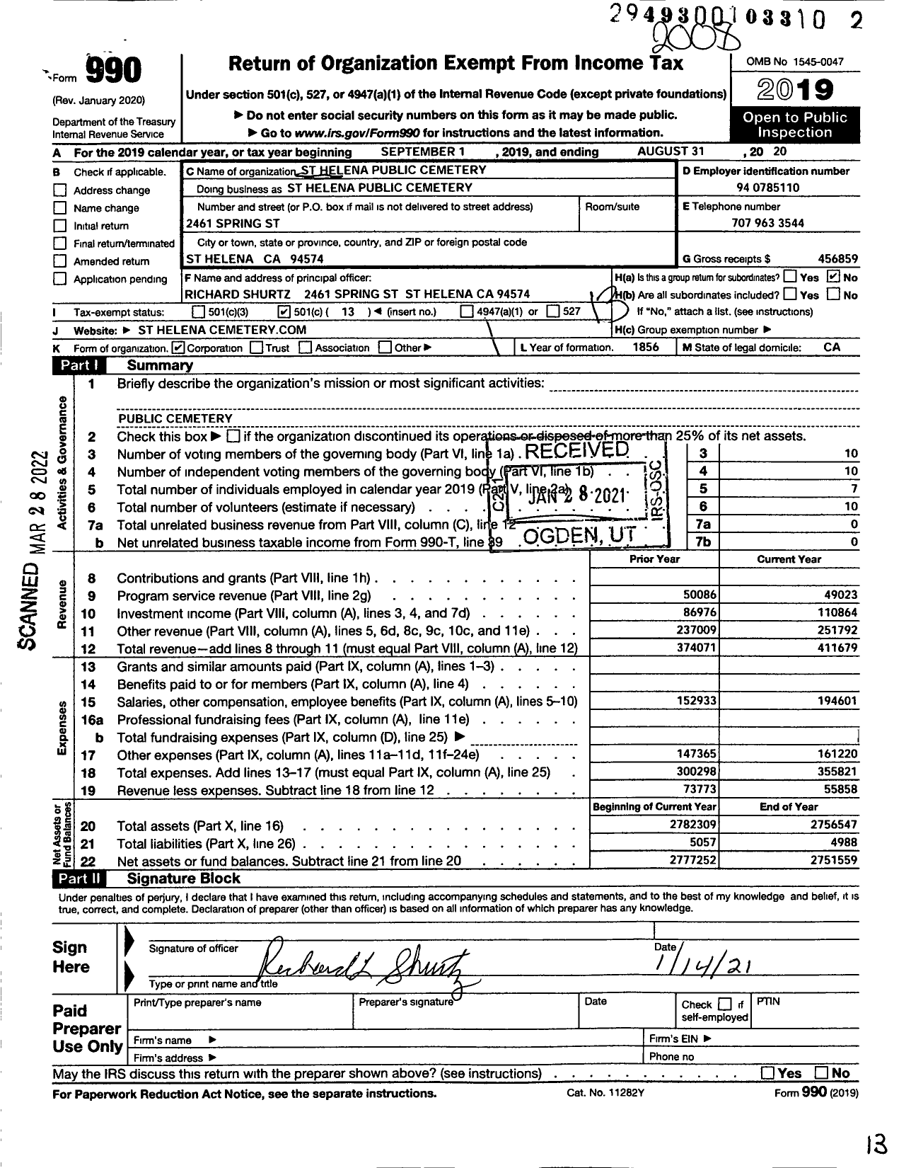 Image of first page of 2019 Form 990O for St Helena Public Cemetery