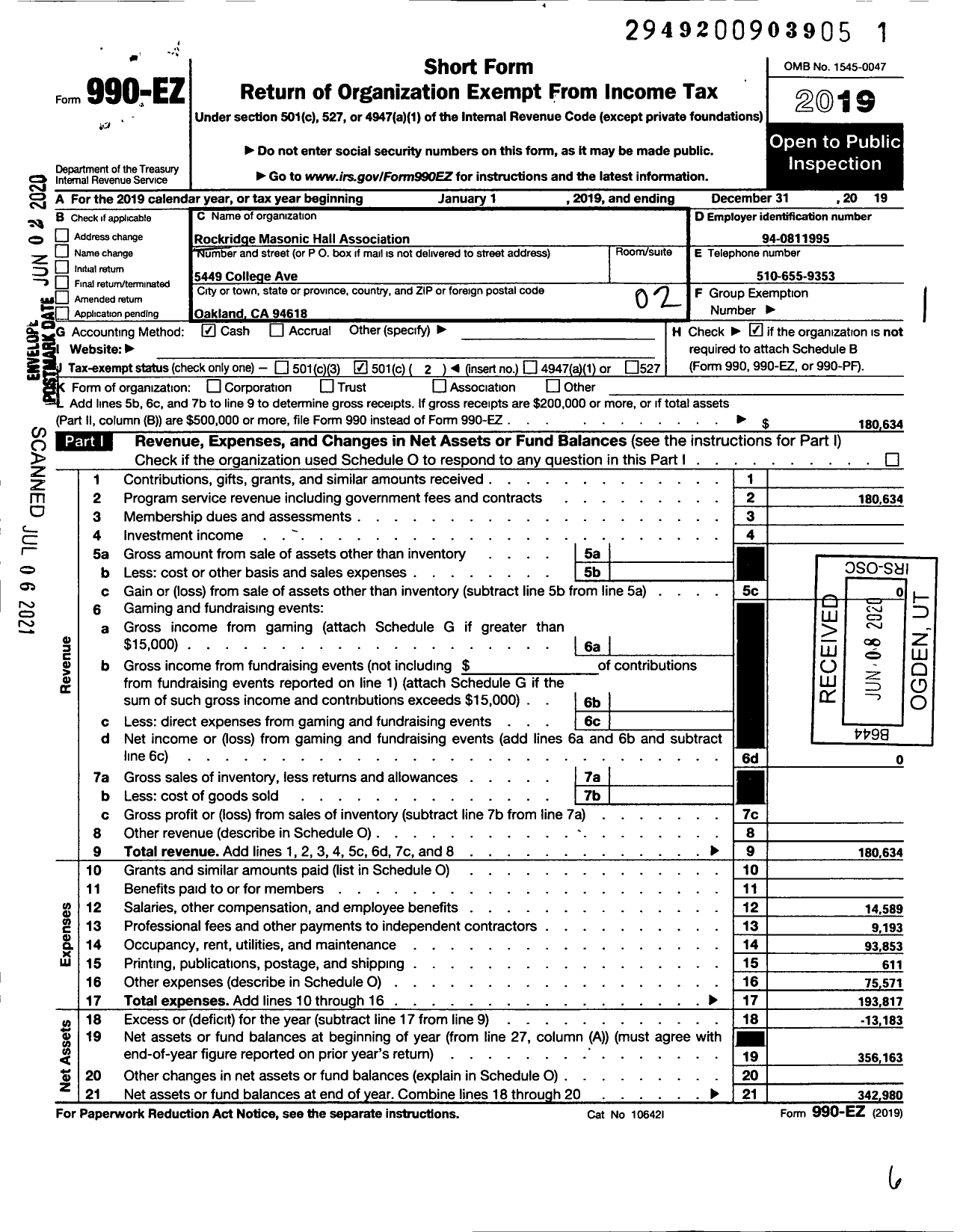 Image of first page of 2019 Form 990EO for Rockridge Masonic Hall Association