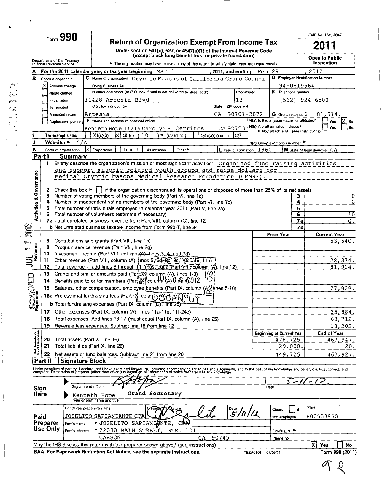 Image of first page of 2011 Form 990O for Cryptic Masons of California Grand Council