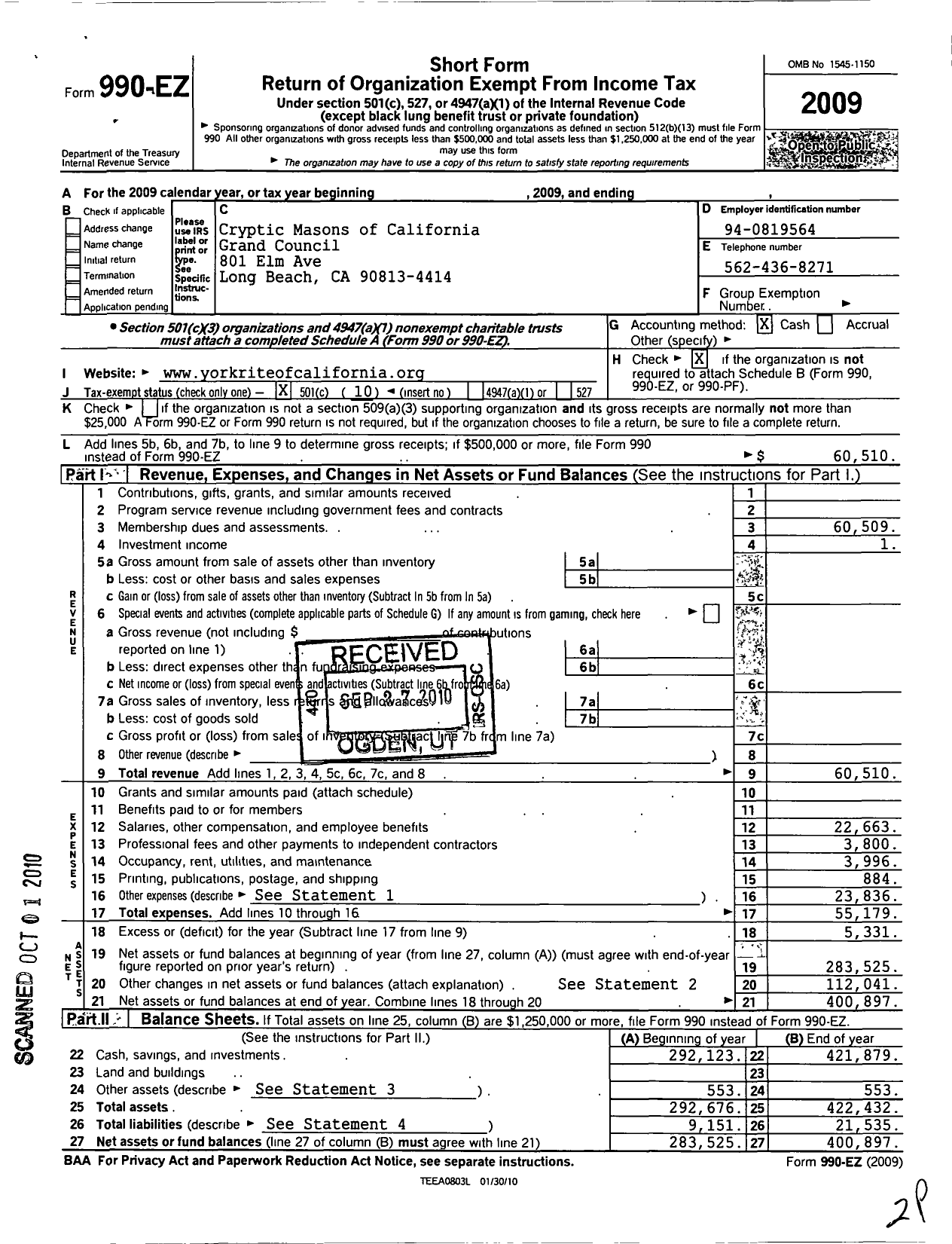 Image of first page of 2009 Form 990EO for Cryptic Masons of California Grand Council