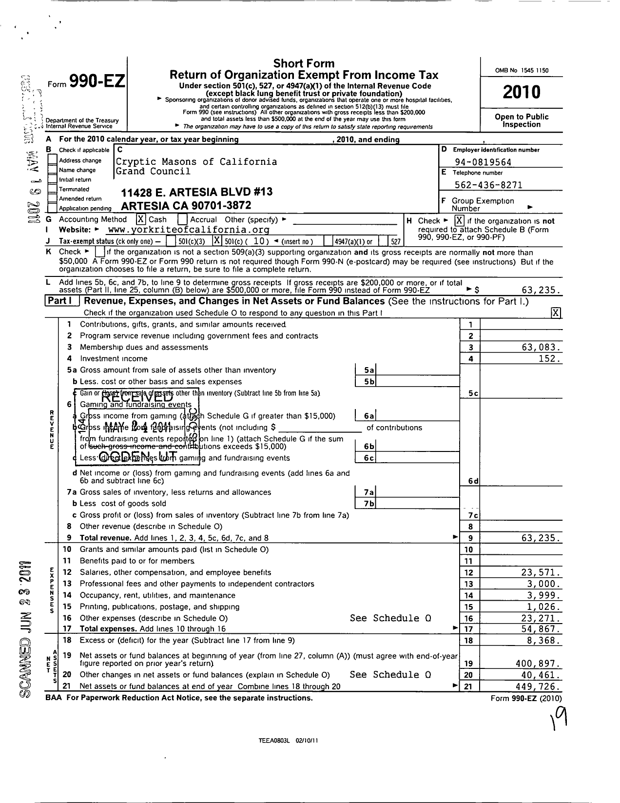 Image of first page of 2010 Form 990EO for Cryptic Masons of California Grand Council