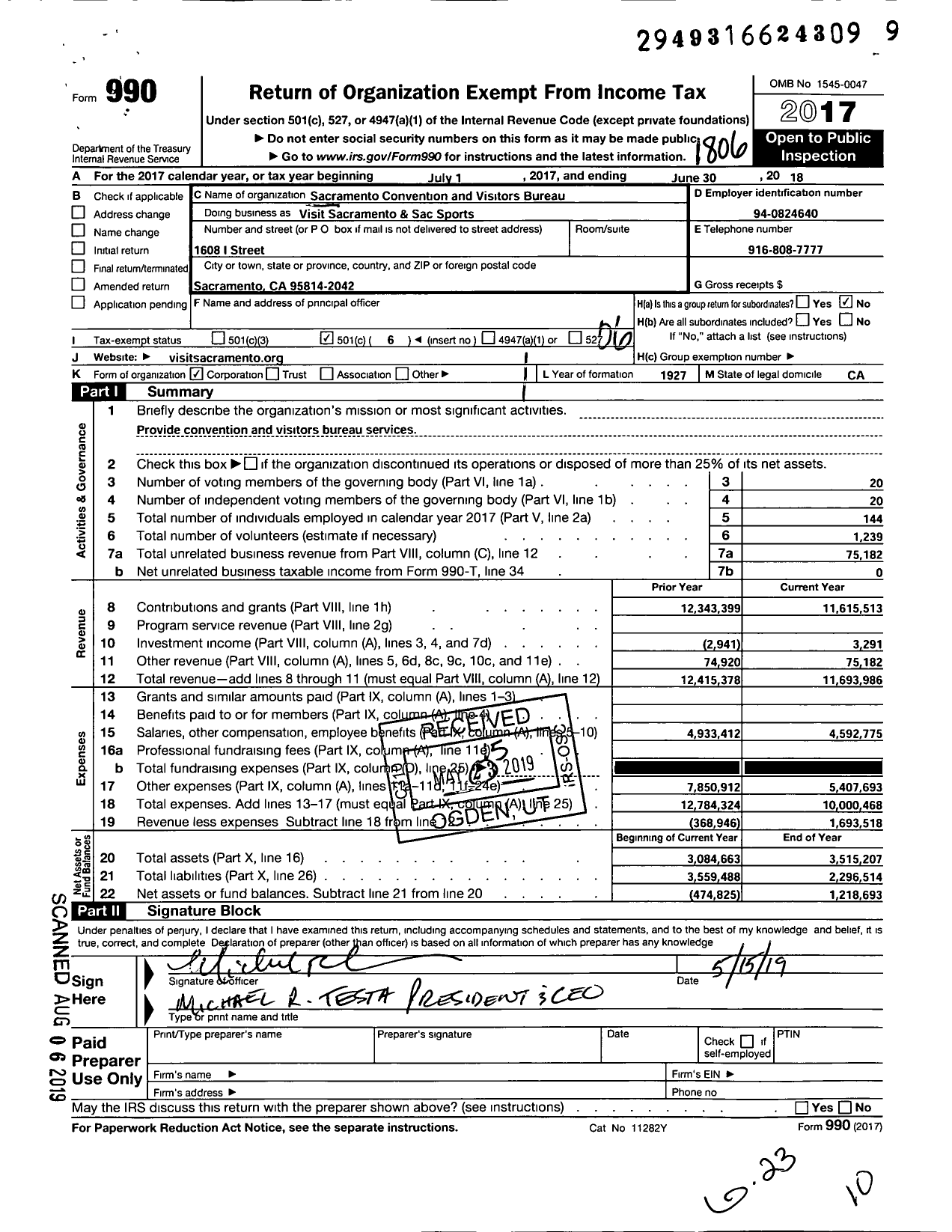 Image of first page of 2017 Form 990O for Visit Sacramento & Sac Sports