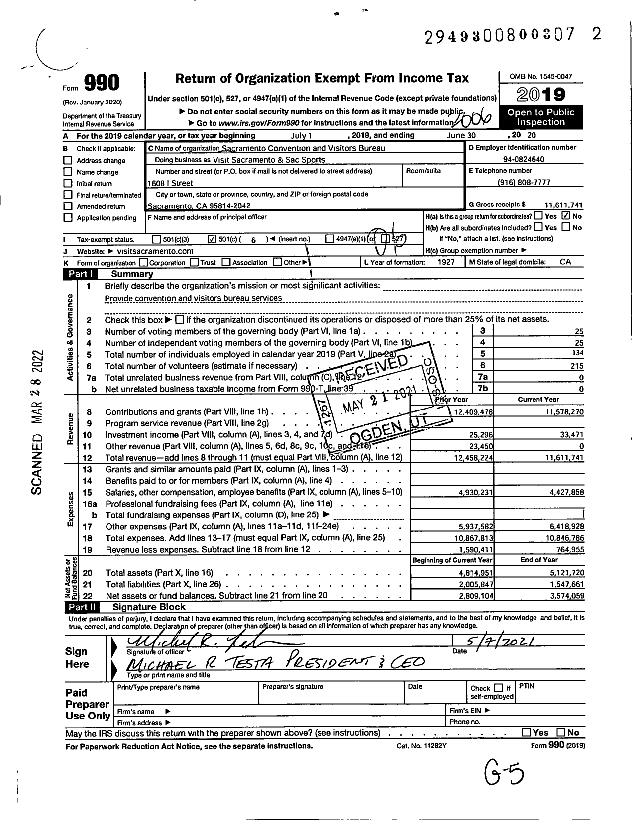 Image of first page of 2019 Form 990O for Visit Sacramento & Sac Sports