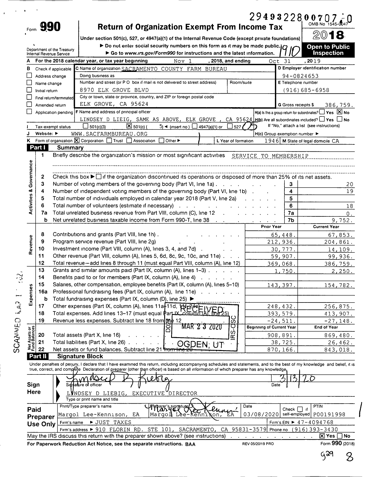 Image of first page of 2018 Form 990O for Sacramento County Farm Bureau