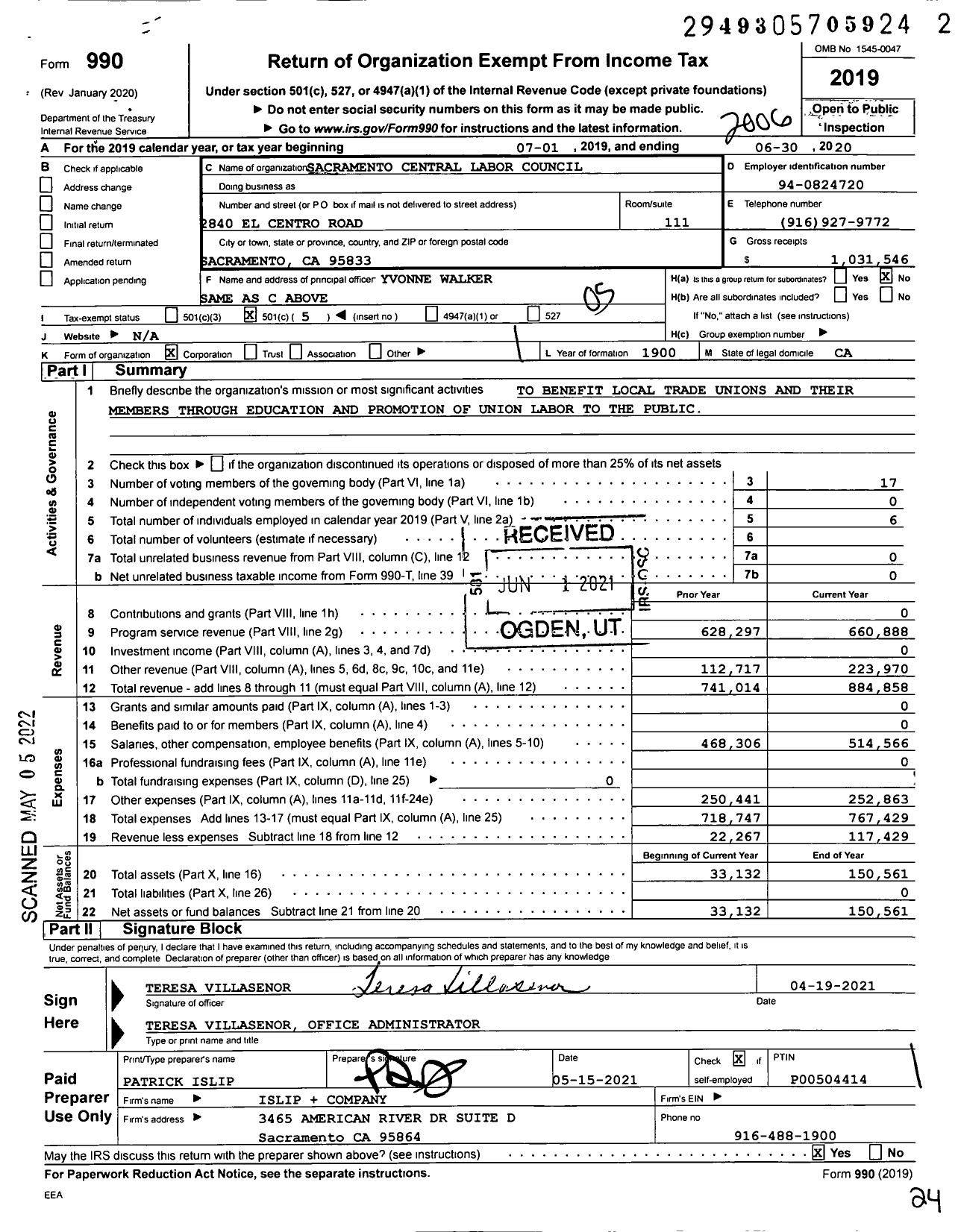 Image of first page of 2019 Form 990O for AFL-CIO - Sacramento Central Labor Council