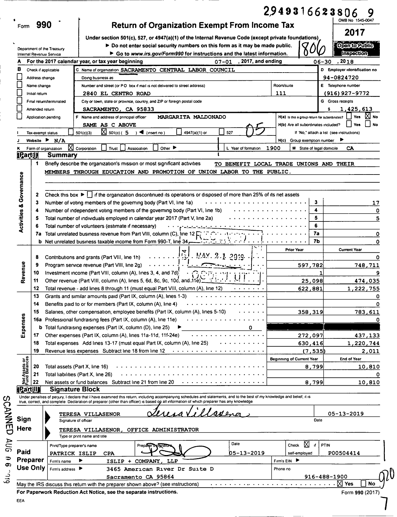 Image of first page of 2017 Form 990O for AFL-CIO - Sacramento Central Labor Council