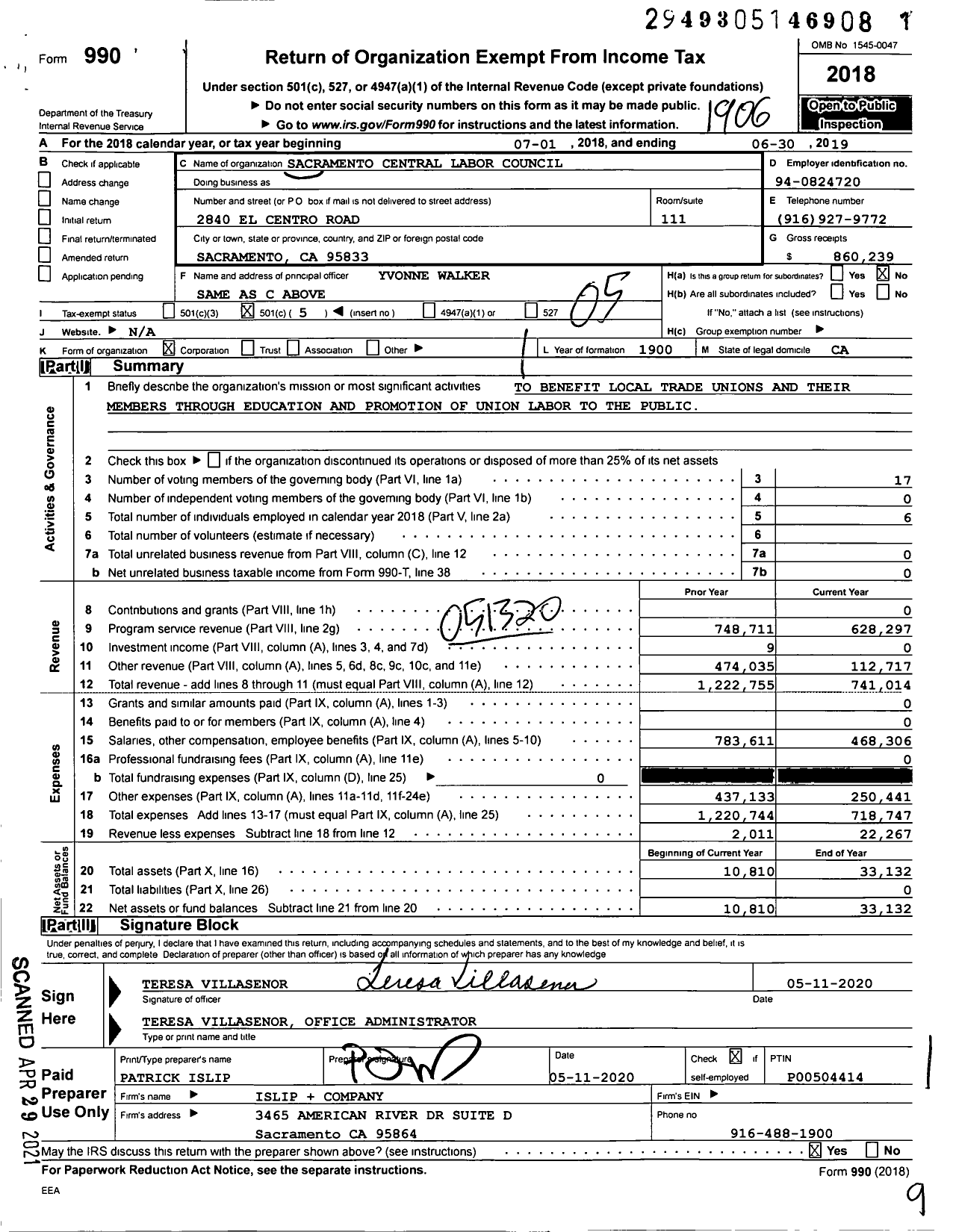 Image of first page of 2018 Form 990O for AFL-CIO - Sacramento Central Labor Council