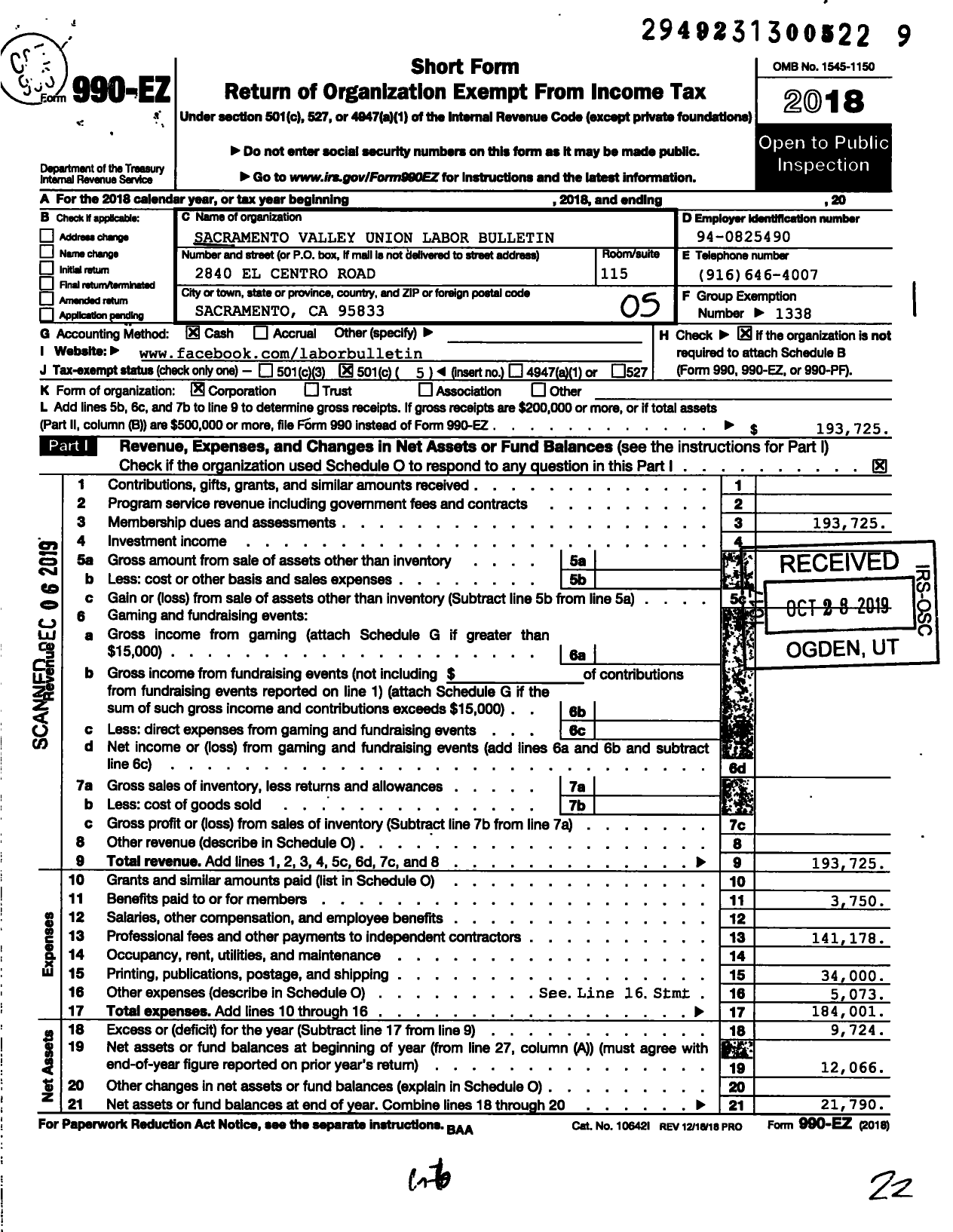 Image of first page of 2018 Form 990EO for AFL-CIO - Sacramento Valley Union Labor