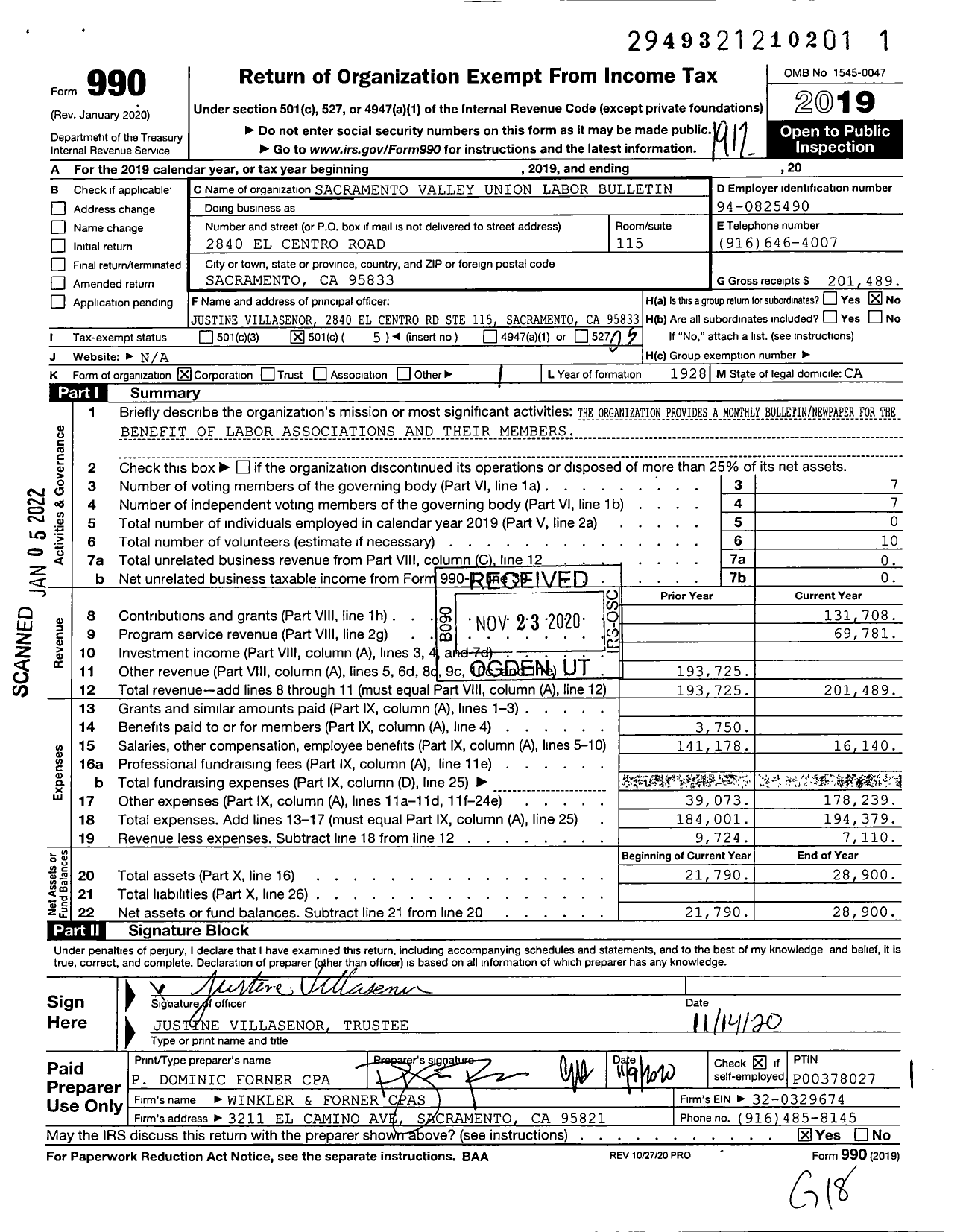 Image of first page of 2019 Form 990O for AFL-CIO - Sacramento Valley Union Labor