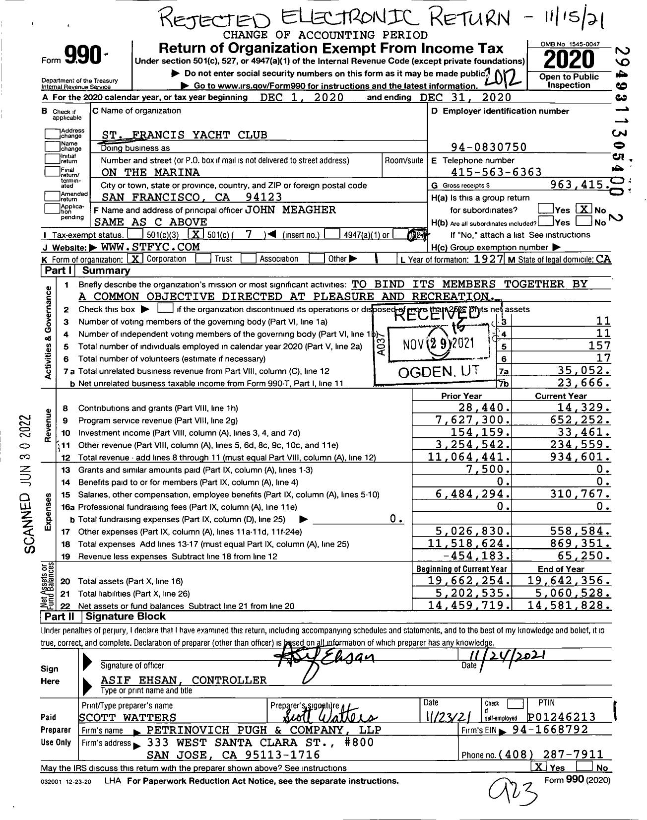 Image of first page of 2020 Form 990O for St Francis Yacht Club