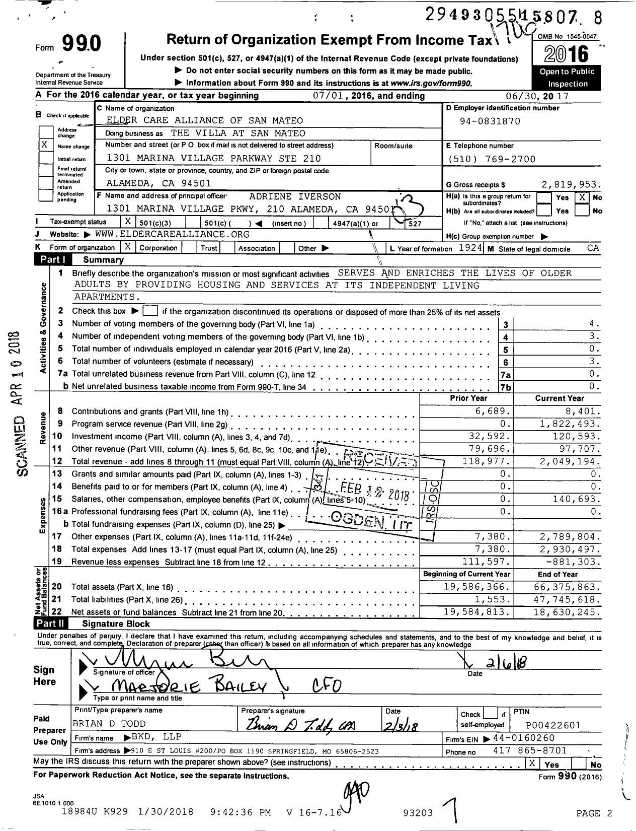 Image of first page of 2016 Form 990 for The Villa at San Mateo