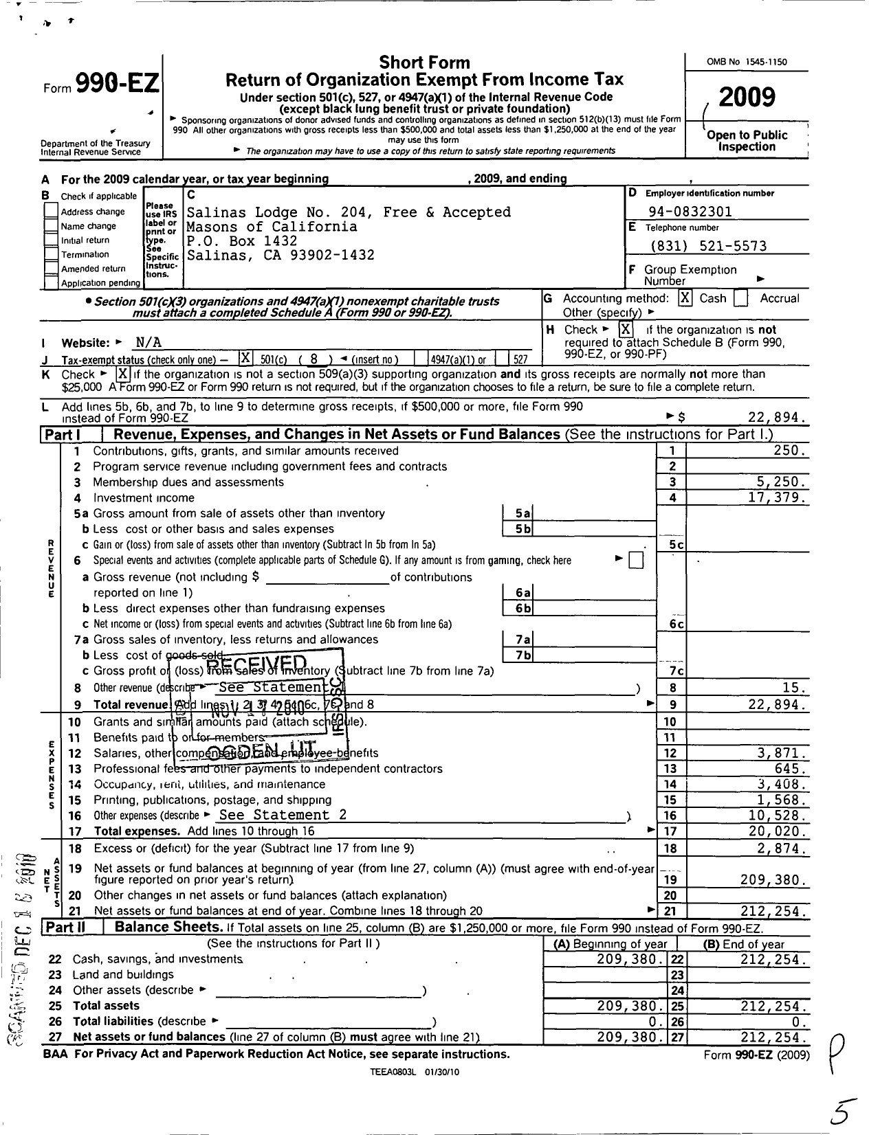 Image of first page of 2009 Form 990EO for Masons of California - 204 Salinas Lodge