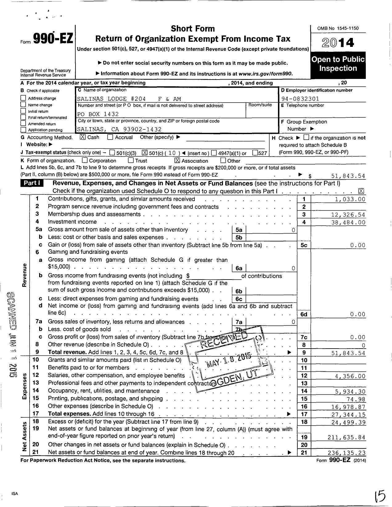 Image of first page of 2014 Form 990EO for Masons of California - 204 Salinas Lodge