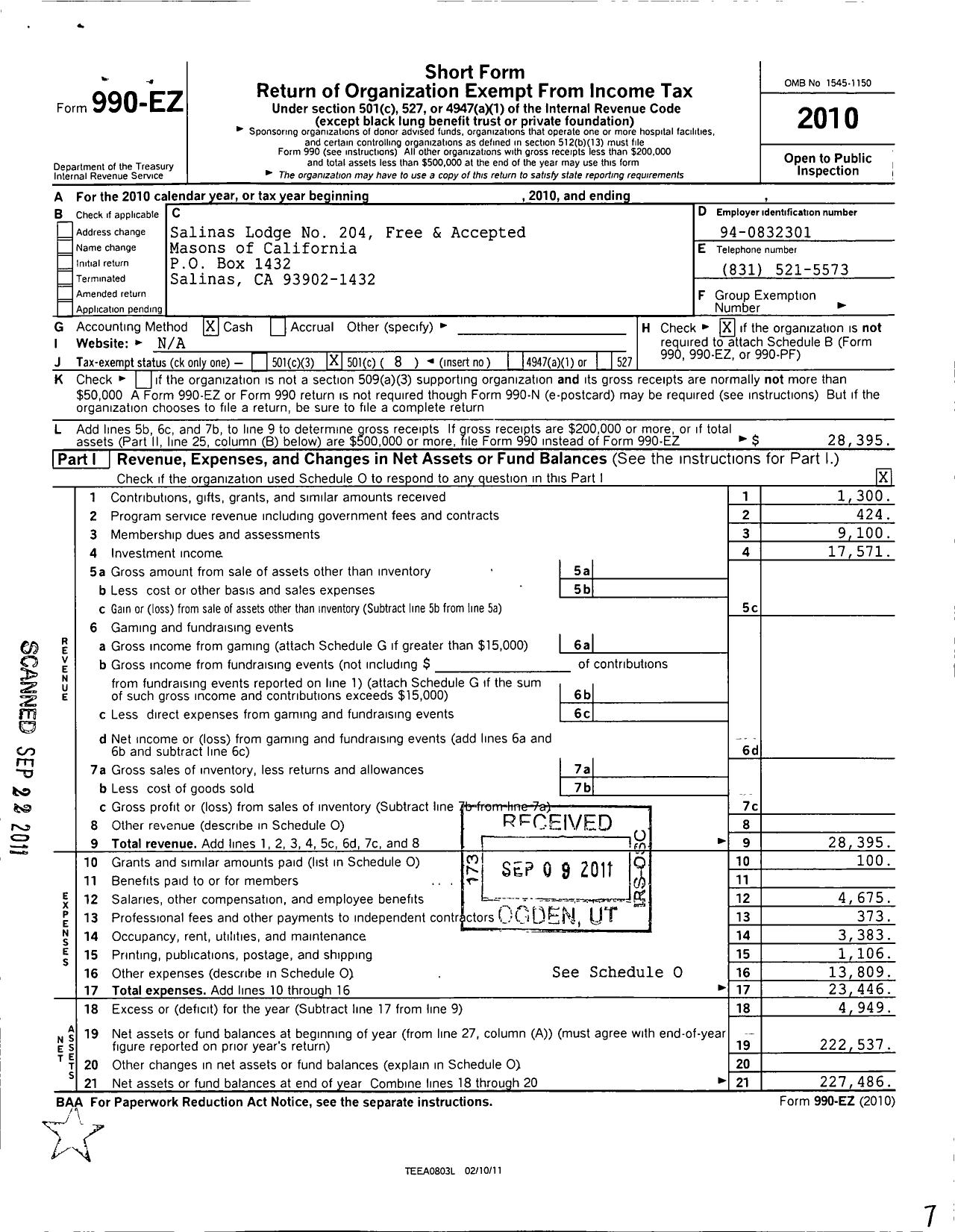 Image of first page of 2010 Form 990EO for Masons of California - 204 Salinas Lodge