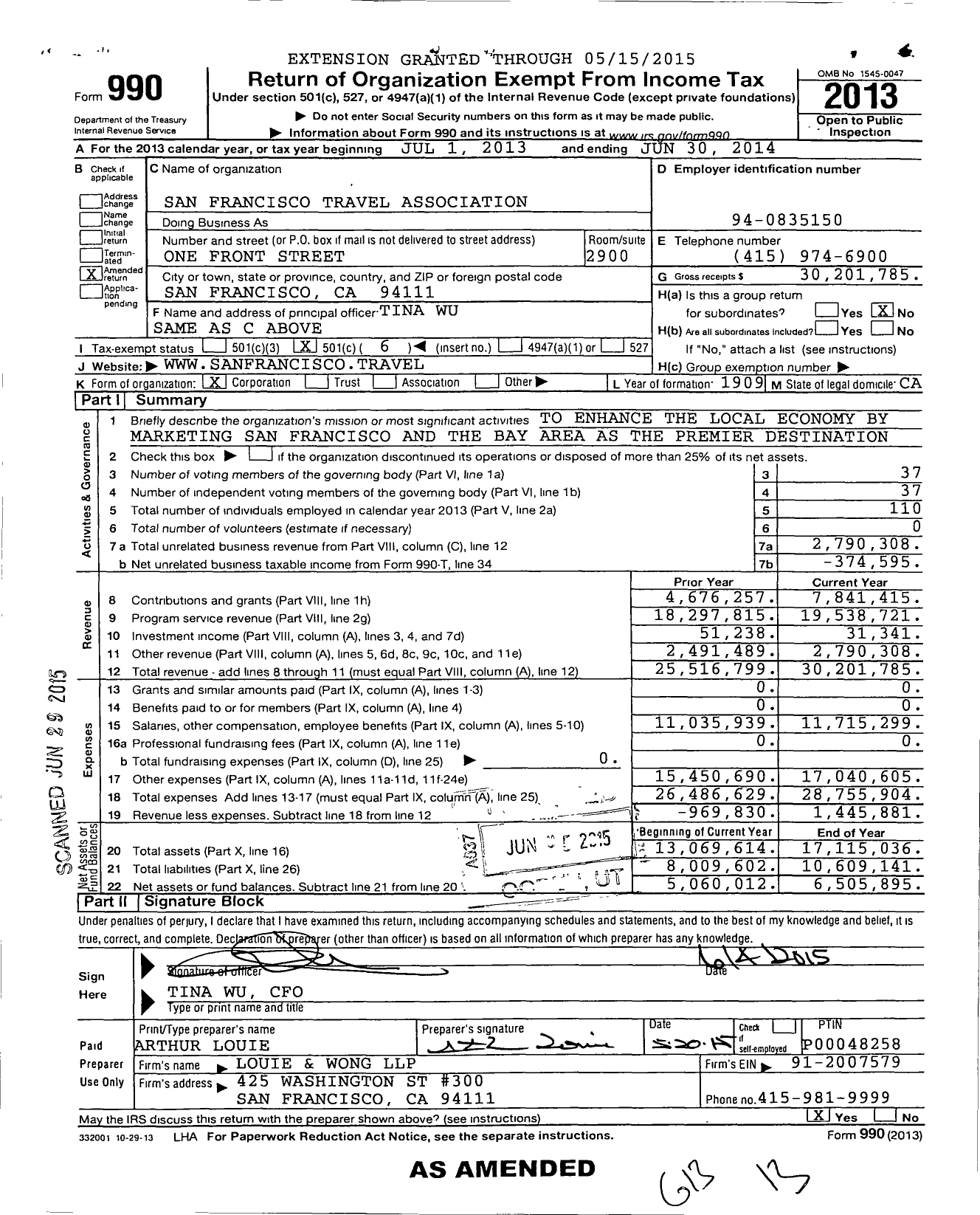 Image of first page of 2013 Form 990O for San Francisco Travel Association