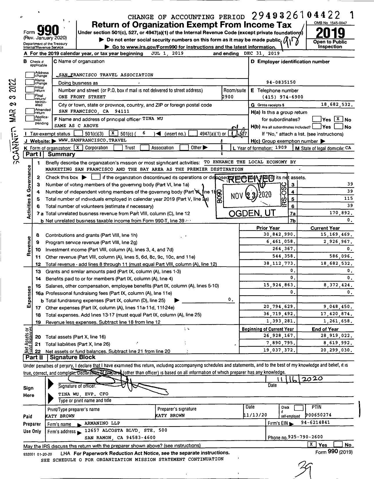 Image of first page of 2019 Form 990O for San Francisco Travel Association