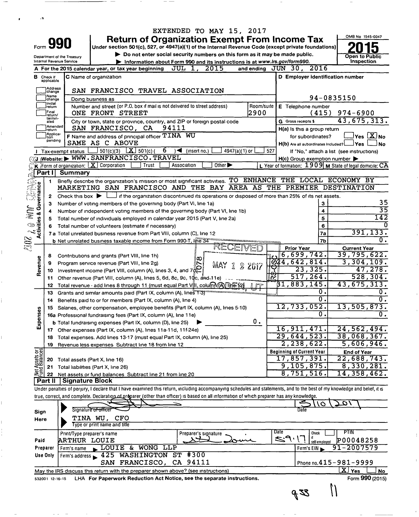 Image of first page of 2015 Form 990O for San Francisco Travel Association