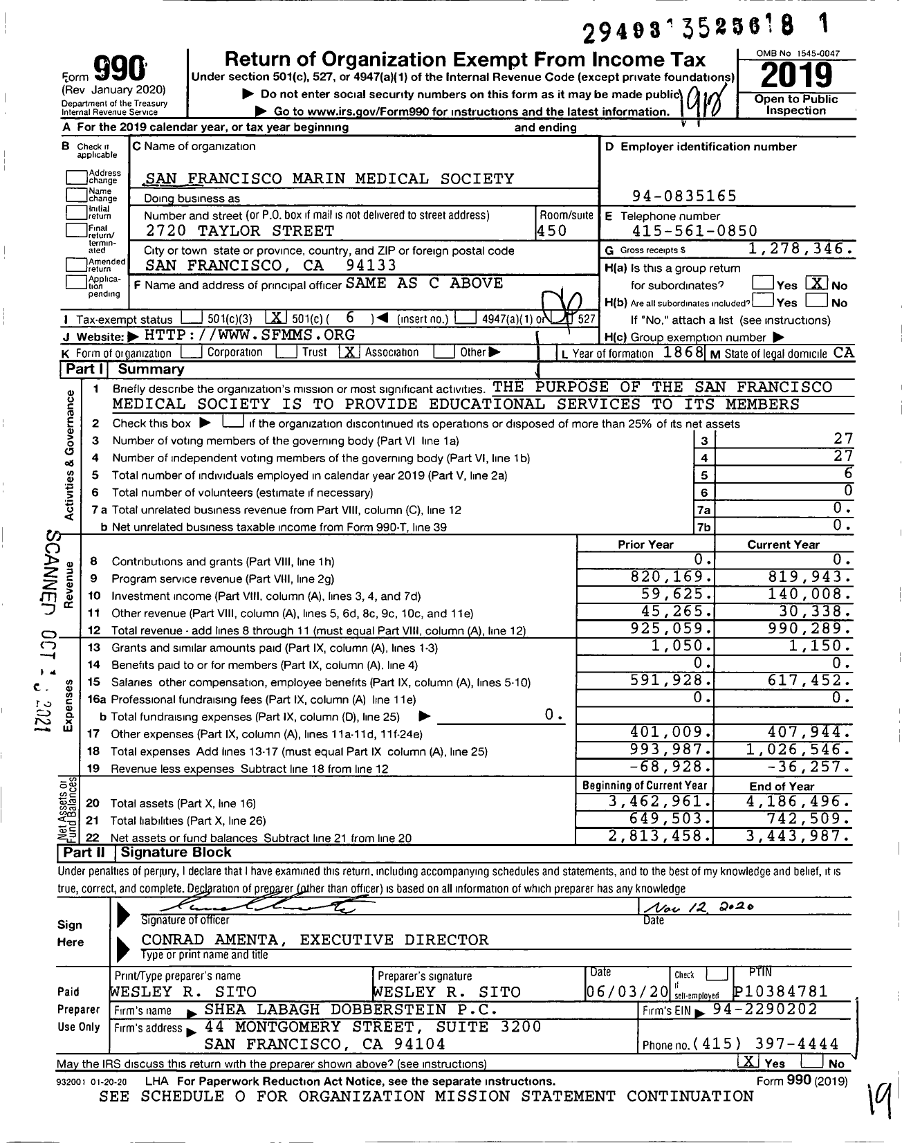 Image of first page of 2019 Form 990O for San Francisco Marin Medical Society (SFMS)