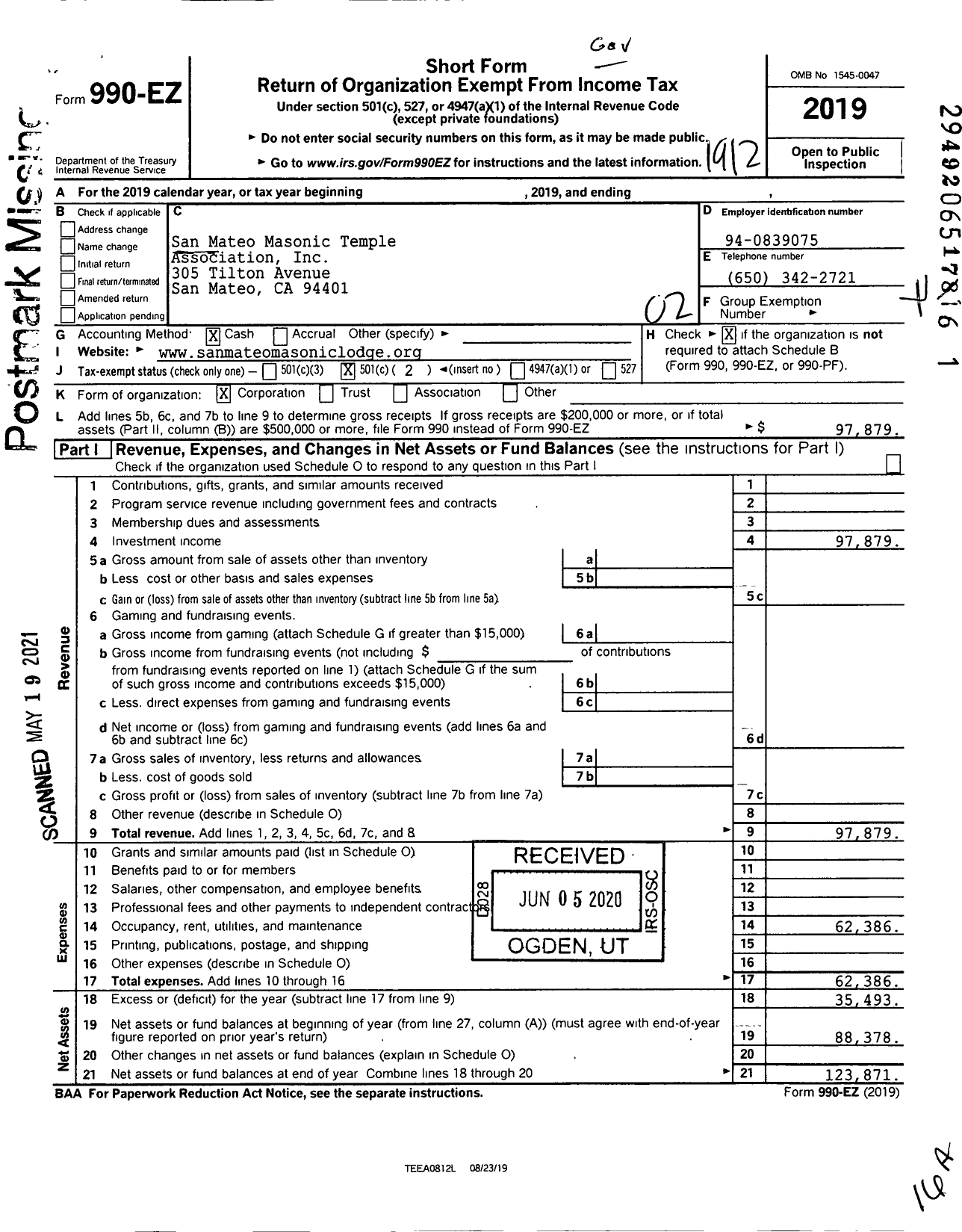 Image of first page of 2019 Form 990EO for San Mateo Masonic Temple Association