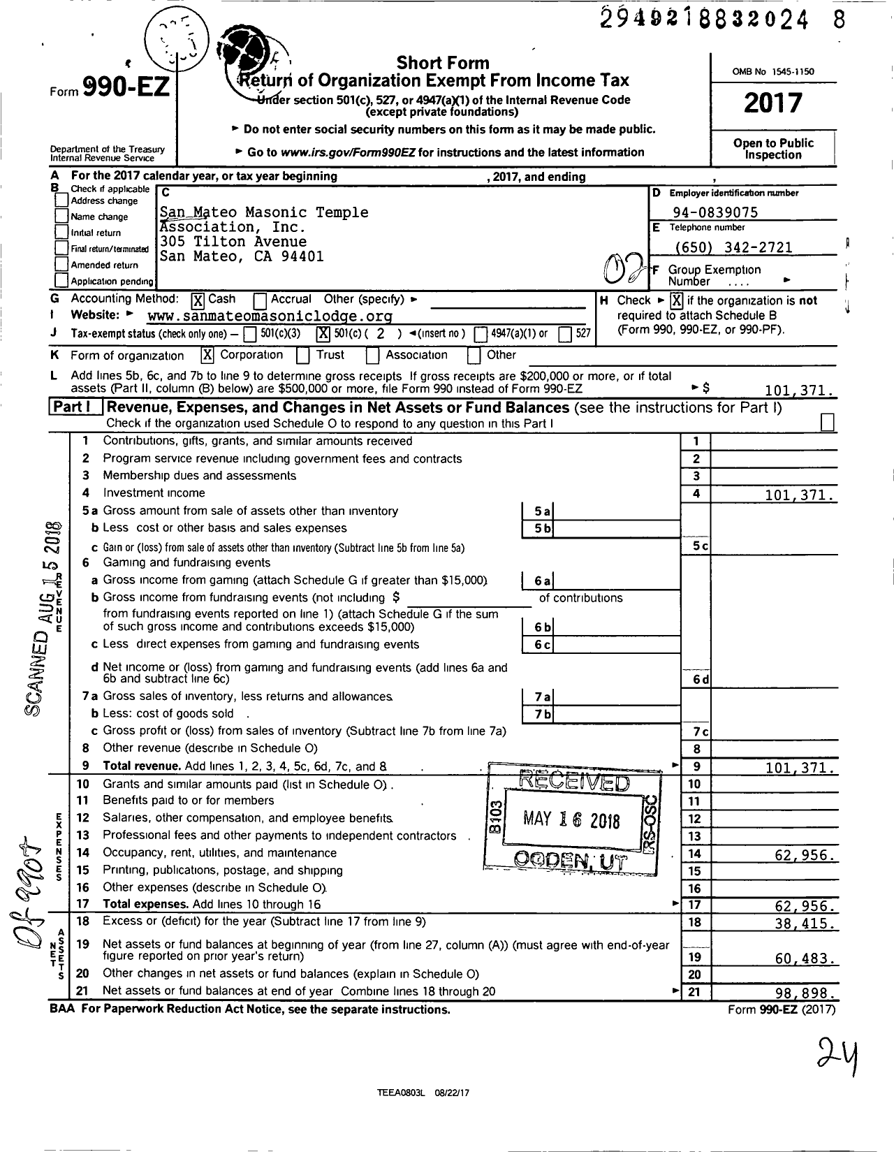 Image of first page of 2017 Form 990EO for San Mateo Masonic Temple Association