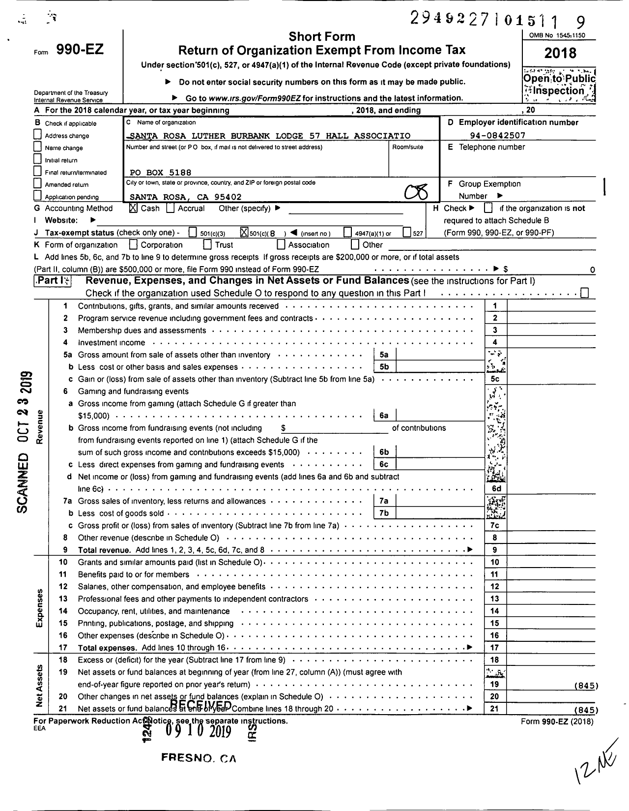 Image of first page of 2018 Form 990EO for Masons of California - 57 Santa Rosa Luther Burbank Lodge
