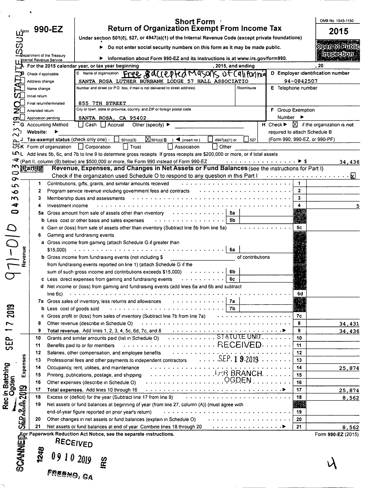 Image of first page of 2015 Form 990EOA for Masons of California - 57 Santa Rosa Luther Burbank Lodge