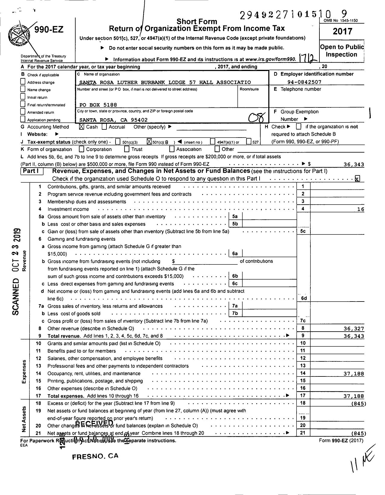 Image of first page of 2017 Form 990EO for Masons of California - 57 Santa Rosa Luther Burbank Lodge