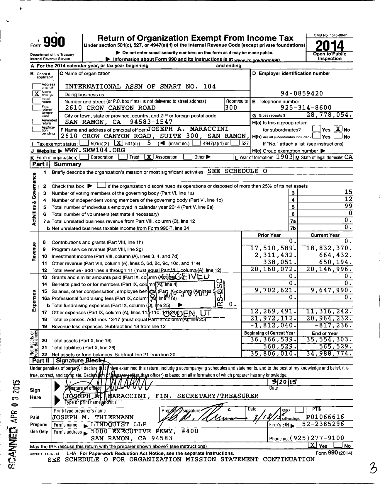 Image of first page of 2014 Form 990O for Smart Union - 104 SM