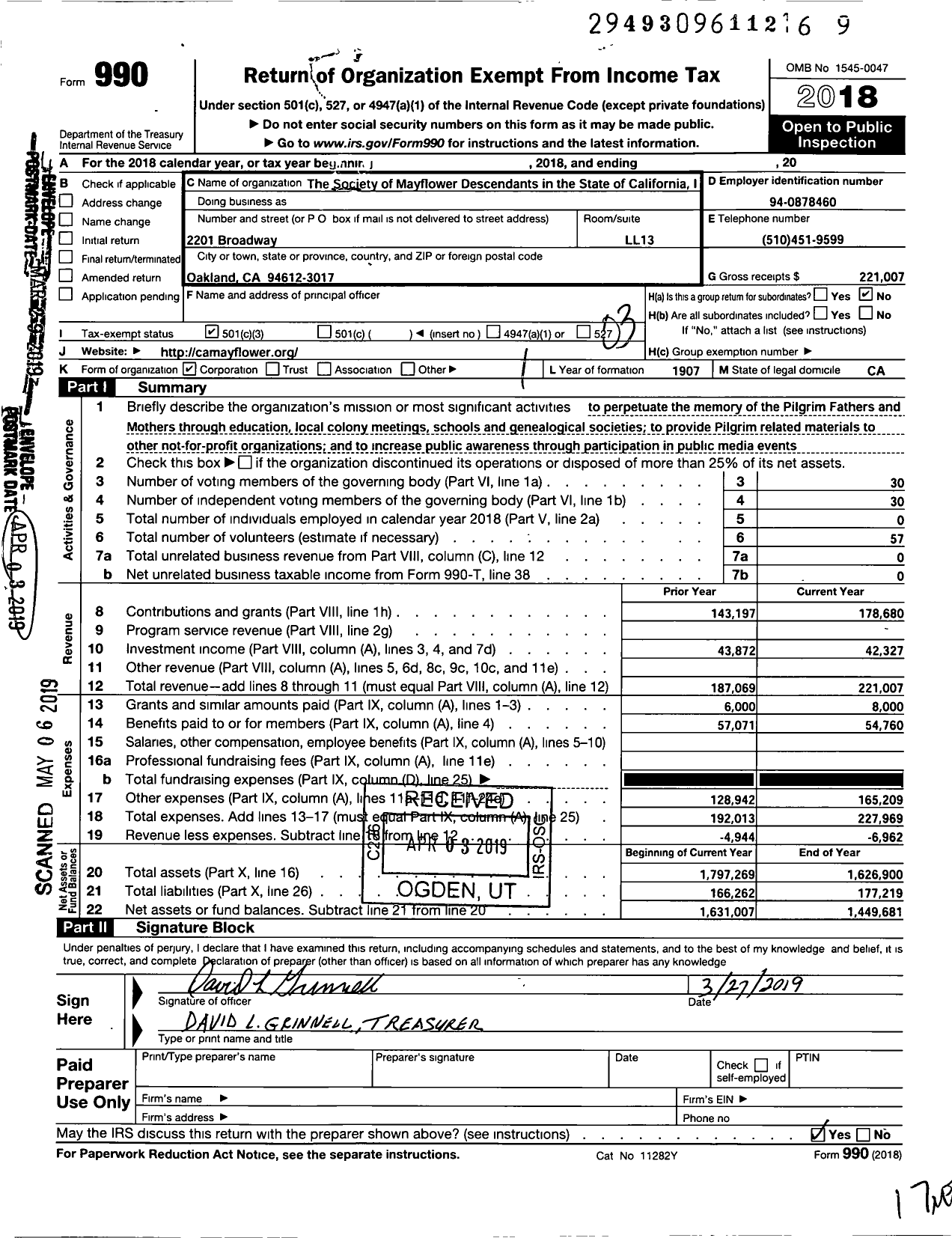 Image of first page of 2018 Form 990 for The Society of Mayflower Descendants in the State of California